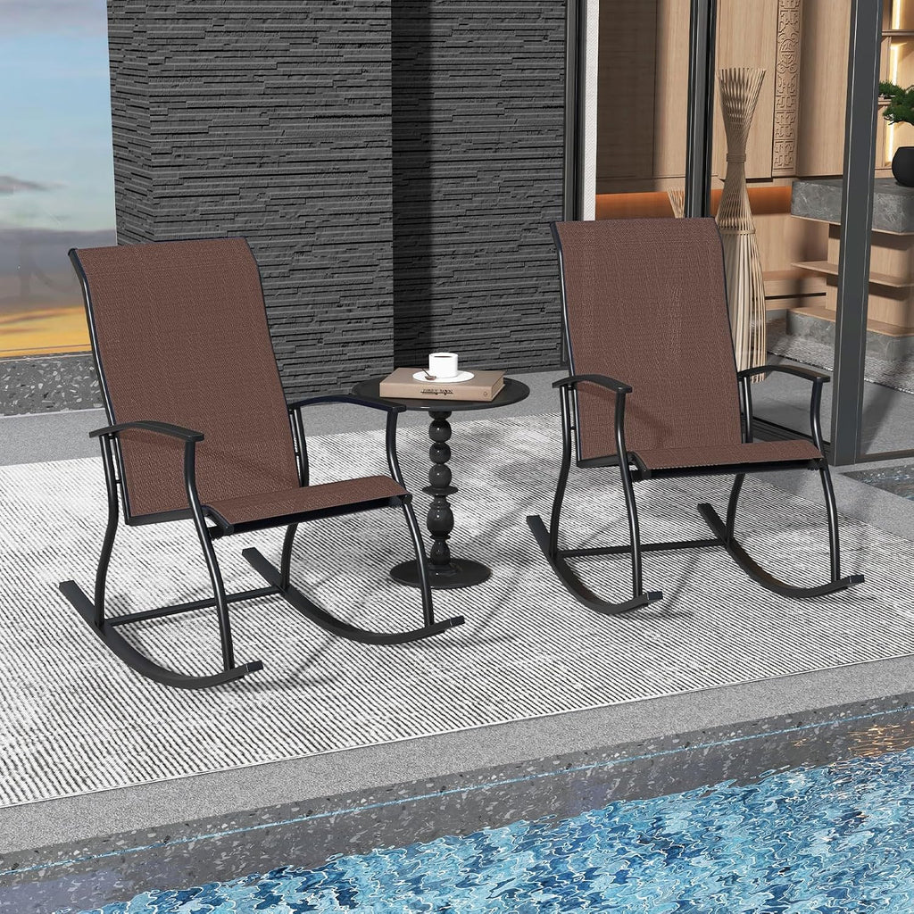 Tangkula Patio Rocking Chairs Set of 2, Outdoor Rocking Chair with Smooth & Safe Rocking Motion, Ergonomic Backrest, Breathable Fabric, All-Weather Outdoor Rocker for Backyard, Poolside (1, Brown)