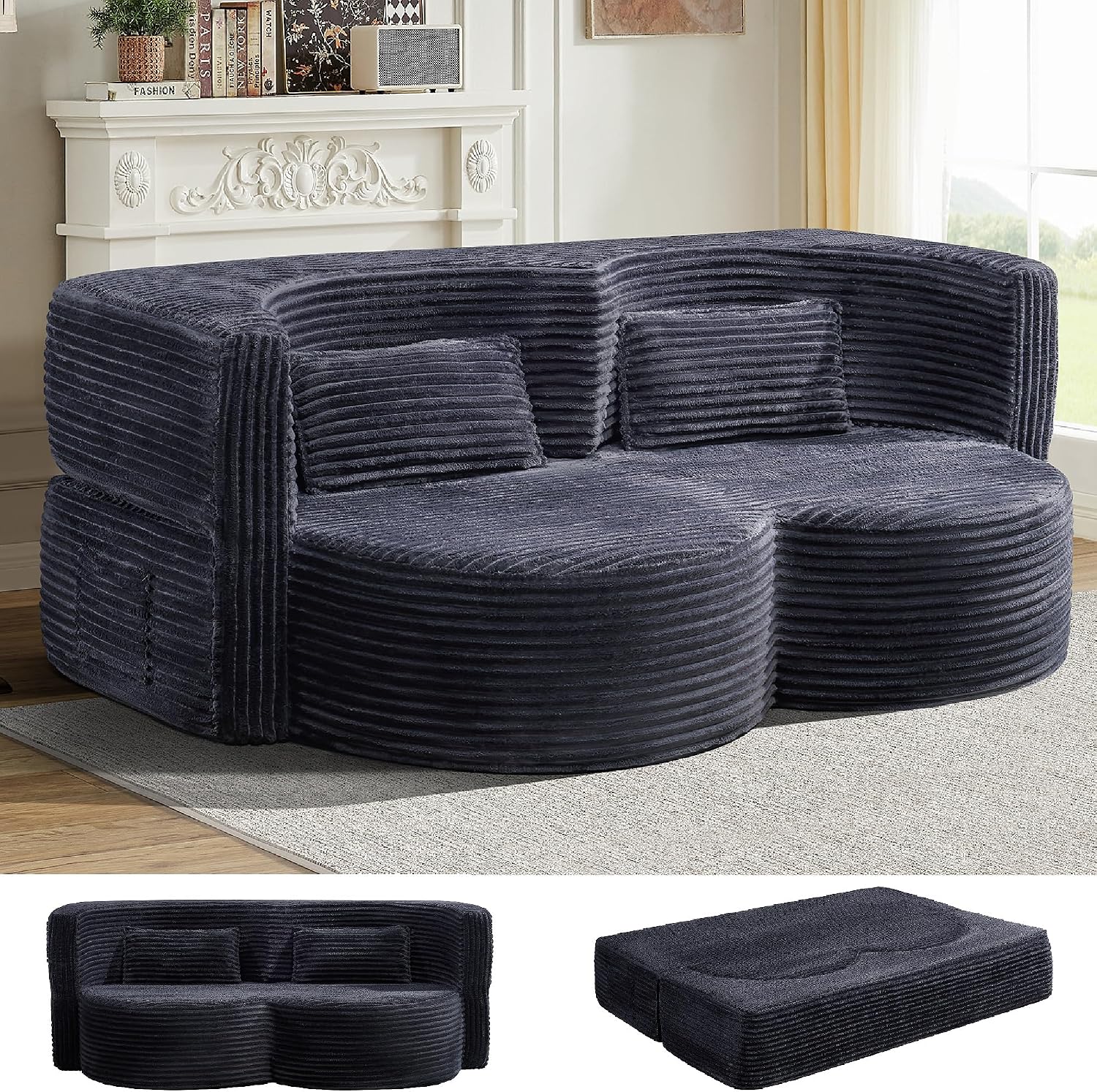 KEIKI 79' Convertible Floor Sofa Bed, Fold ‌Teddy Sleeper Cloud Couch with Storage & Deep Seat, Comfy Upholstery Curved Boneless Futon Couches, 2-in-1 Sofas for Living Room Bedroom, No Assembly, Gray