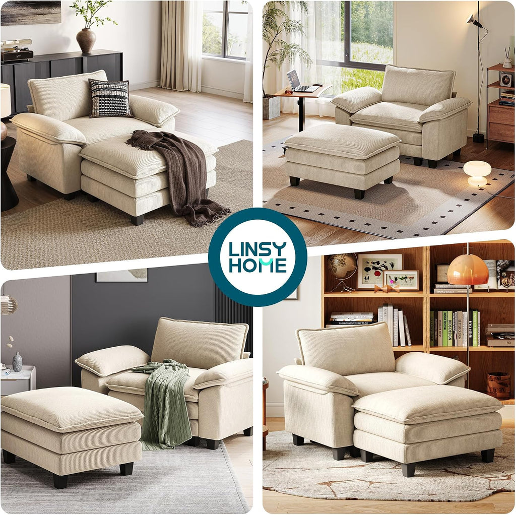 LINSY HOME Cloud Sofa Accent Chair with Ottoman Chaise Lounge Chair Indoor, Corduroy Couch Sofa Chair for Living Room Apartment Bedroom Office, Beige