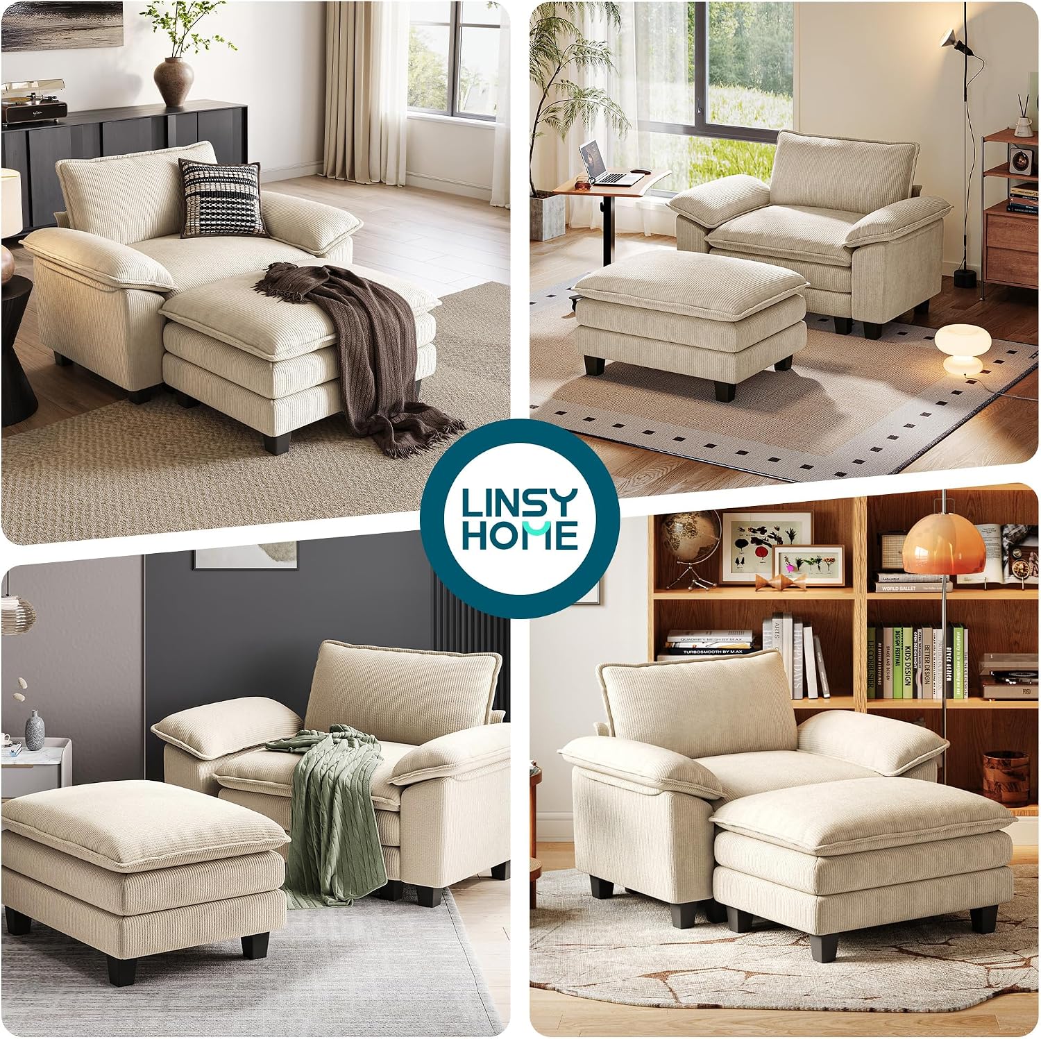 LINSY HOME Cloud Sofa Accent Chair with Ottoman Chaise Lounge Chair Indoor, Corduroy Couch Sofa Chair for Living Room Apartment Bedroom Office, Beige