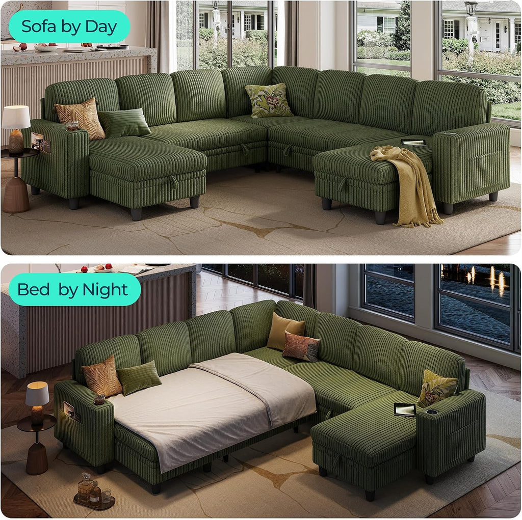 LINSY HOME Sectional Sofa with Pull Out Bed, 7 Seats Corduroy Reversible Sleeper Sofa with Storage Seats & Chaises, USB Ports, Cup Holders, Side Pocket, Sectional Couches for Living Room, Green | Plush Corduroy, Storage space, Sturdy structure