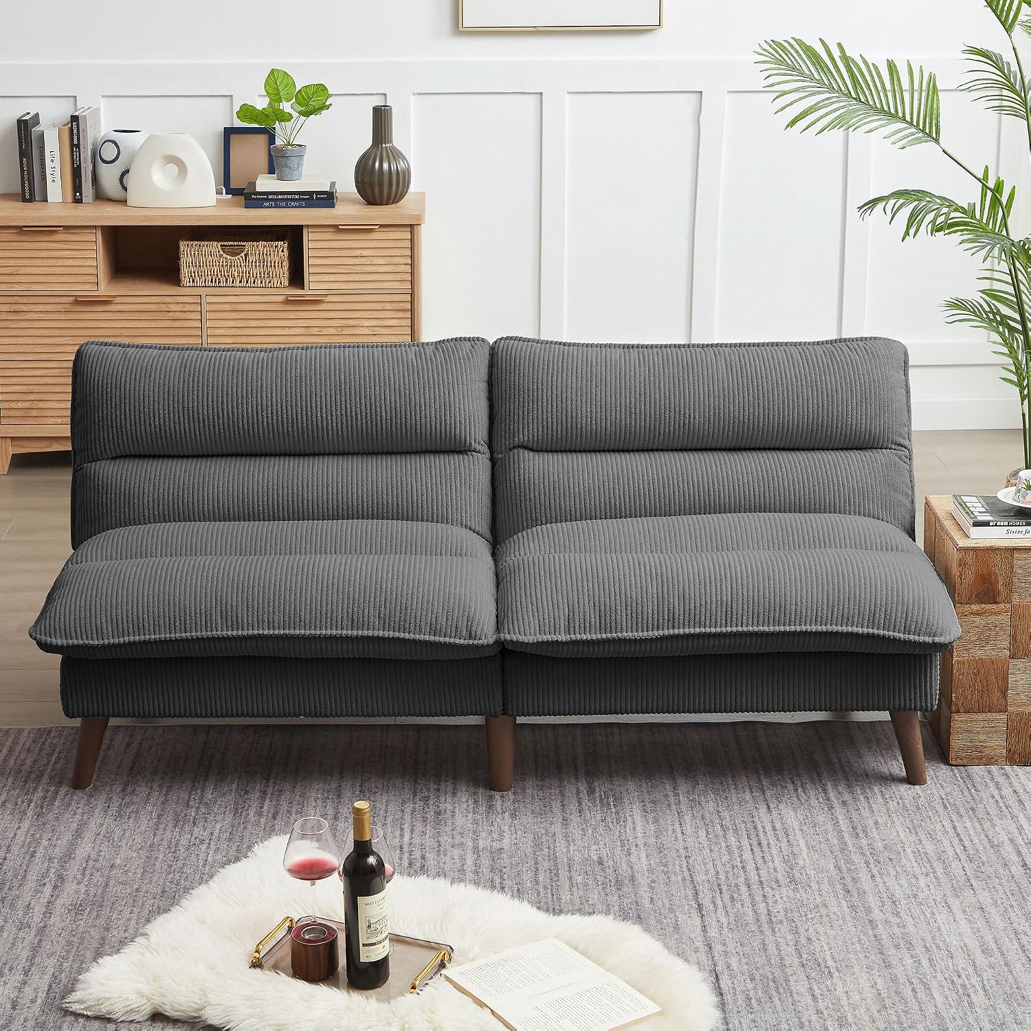 72' Futon Sofa Bed, Futon Couch with Adjustable Backrest, Recliner Small Loveseat for Living Room, Office, Apartment, Corduroy Loveseat, Dark Grey