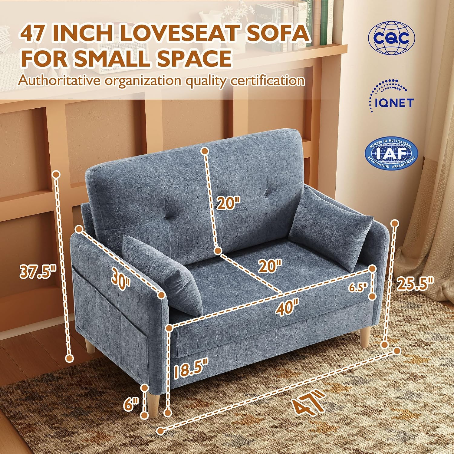 Urhanherry 47' Small Sofa Couch for Bedroom, Soft Chenille loveseat Mini Couch with Throw Pillow and Removable Cushion Cover for Small Spaces, Living Room, Apartment, Dorm, Office(Blue Grey)