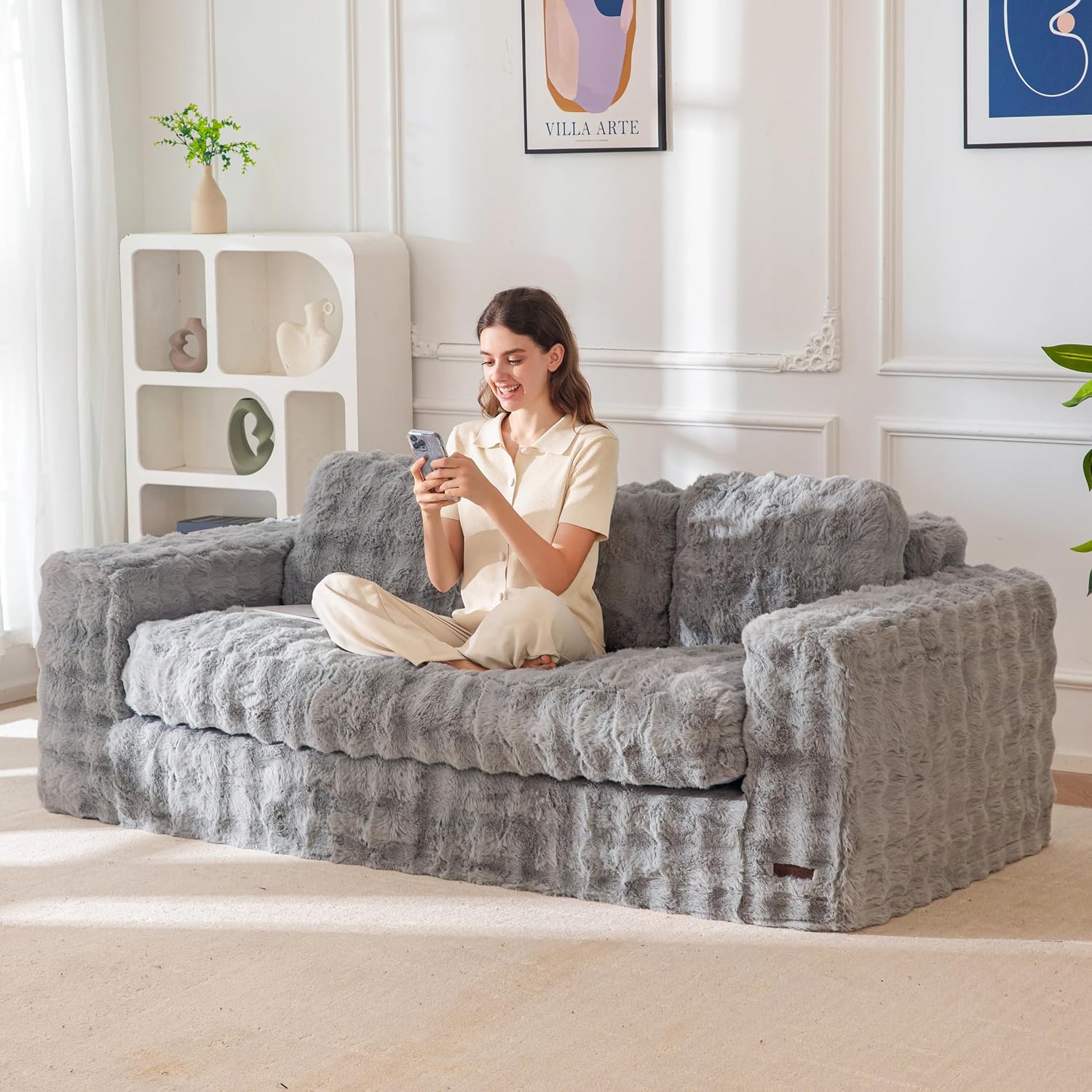 MAXYOYO 3-Seater Boneless Sofa Couch, Modern Bubbled Sofa for Living Room, Soft Bean Bag Chair High-Density Foam Couch with Pillows, No Assembly Required