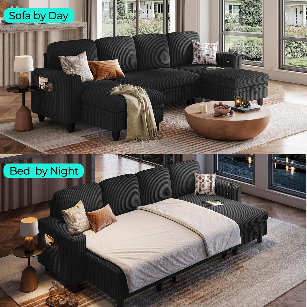 LINSY HOME Sectional Sleeper Sofa Pull Out Couches for Living Room (Black, Sleeper Sofa 3) | Pull Out Sofa Bed, Storage, USB Charging, Cup Holders, Plush Corduroy | Pull Out Sofa Bed, Storage, USB Charging, Cup Holders, Plush Corduroy