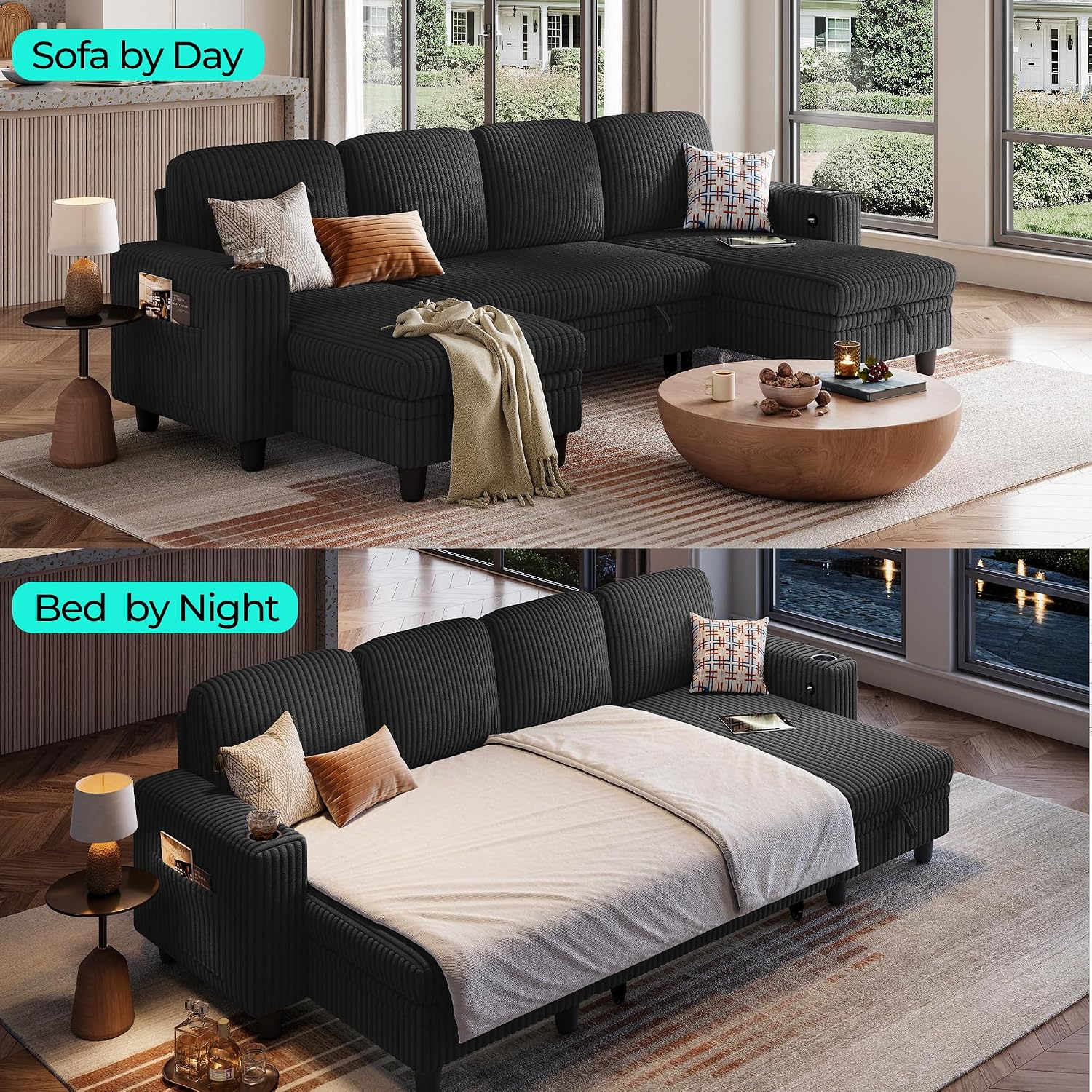LINSY HOME Sectional Sleeper Sofa Pull Out Couches for Living Room (Black, Sleeper Sofa 3) | Pull Out Sofa Bed, Storage, USB Charging, Cup Holders, Plush Corduroy | Pull Out Sofa Bed, Storage, USB Charging, Cup Holders, Plush Corduroy