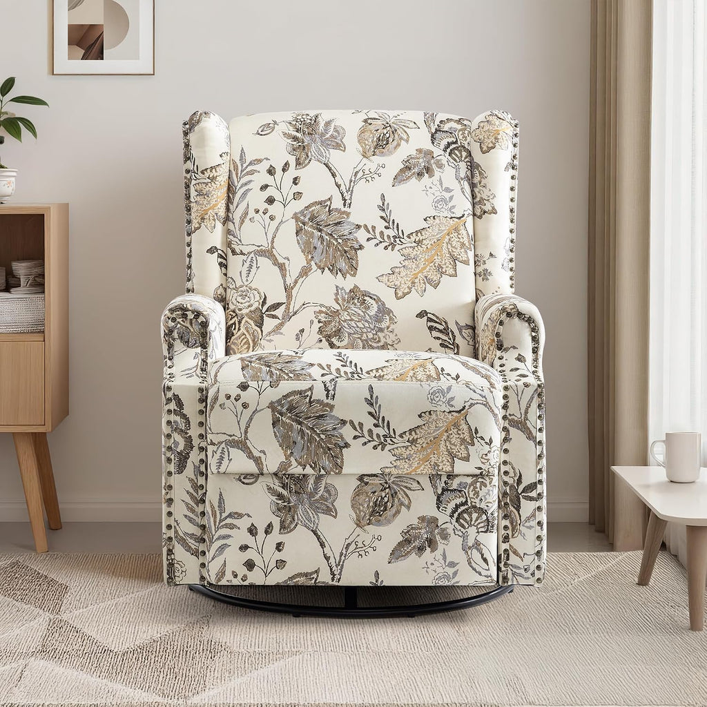 Swivel Rocker Recliner Chair, 360° Swivel Wingback Recliner Chairs for Adults, Upholstered Printed Fabric Glider Rocking Chair with High Back, Deep Seat for Living Romm Bedroom, Plants Beige