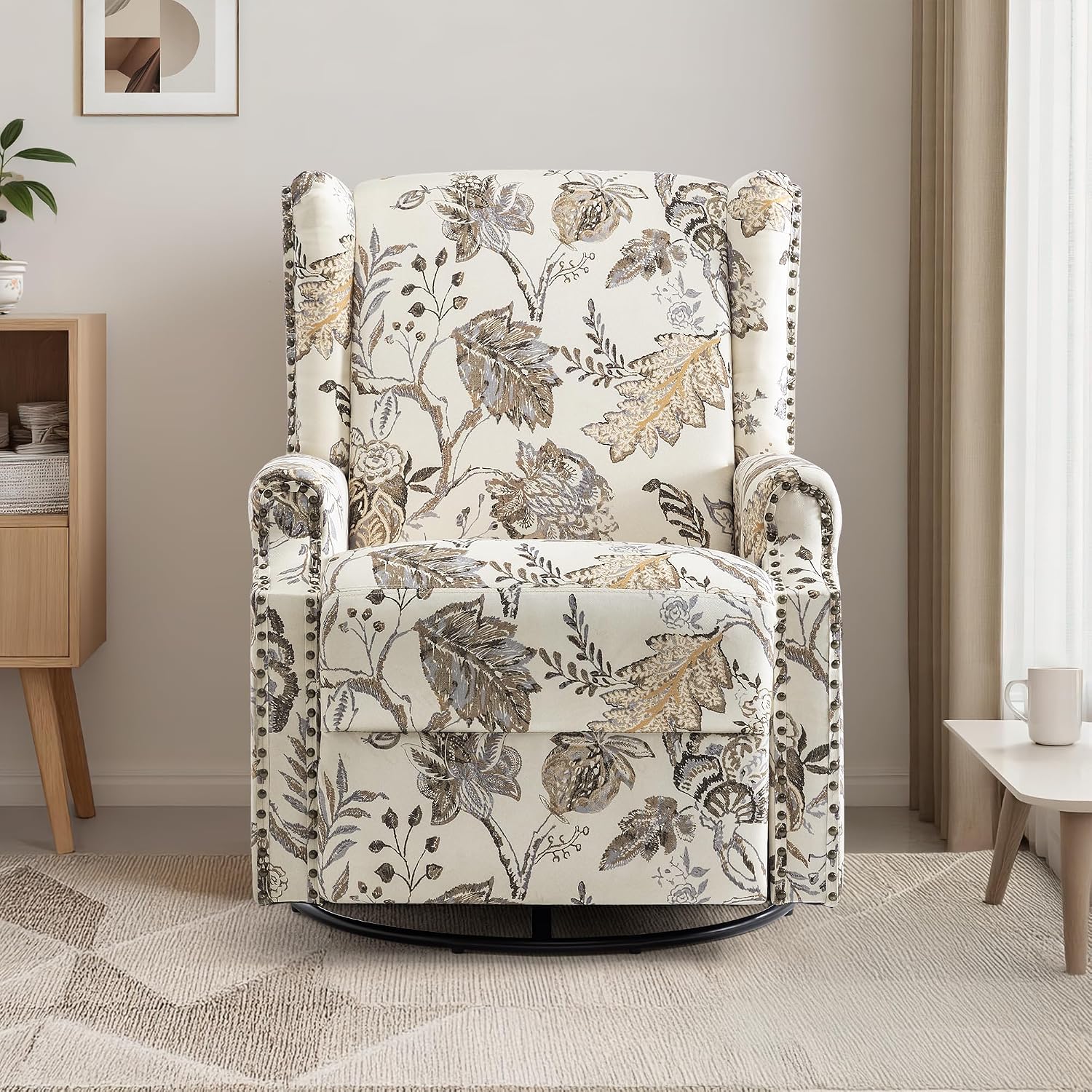Swivel Rocker Recliner Chair, 360° Swivel Wingback Recliner Chairs for Adults, Upholstered Printed Fabric Glider Rocking Chair with High Back, Deep Seat for Living Romm Bedroom, Plants Beige