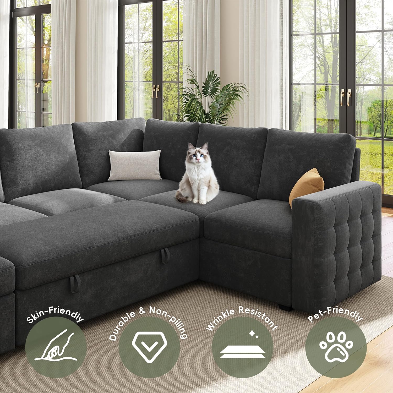 104' Sectional Sleeper Sofa Bed, Pull Out Couch with Storage, Modular Cloud Sofa with Chaise, 7 Seat U Shaped Sectional Couches for Living Room& Apartment, Convertible Sofas, Gray Couch
