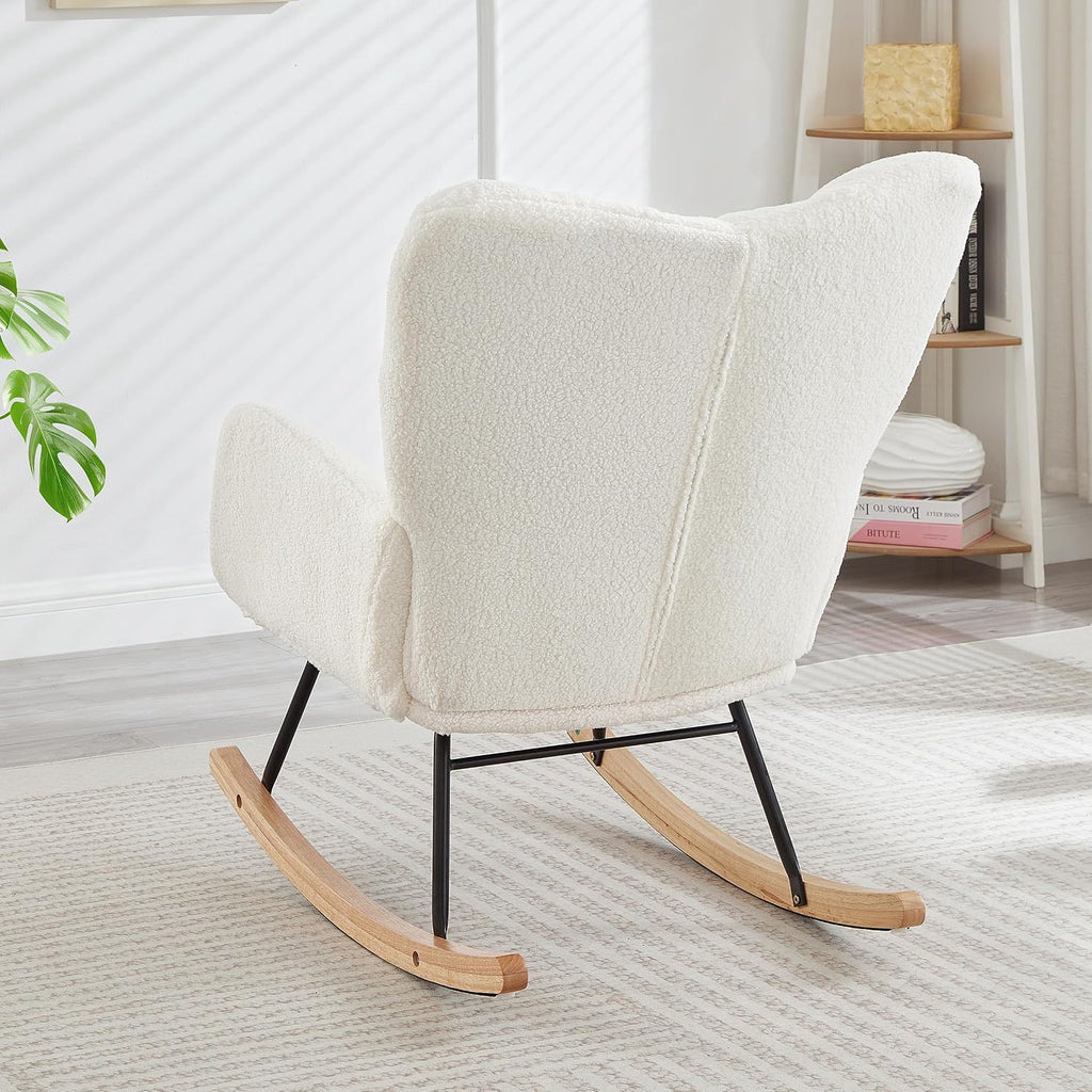 Glider Chair for Living Room & Nursery, Tufted Upholstered Teddy Rocking Chair with High Backrest & Stable Metal Frame, 300lbs Capacity, Comfy Rocker Glider for Adults & Kids, Office & Bedroom(Ivory)