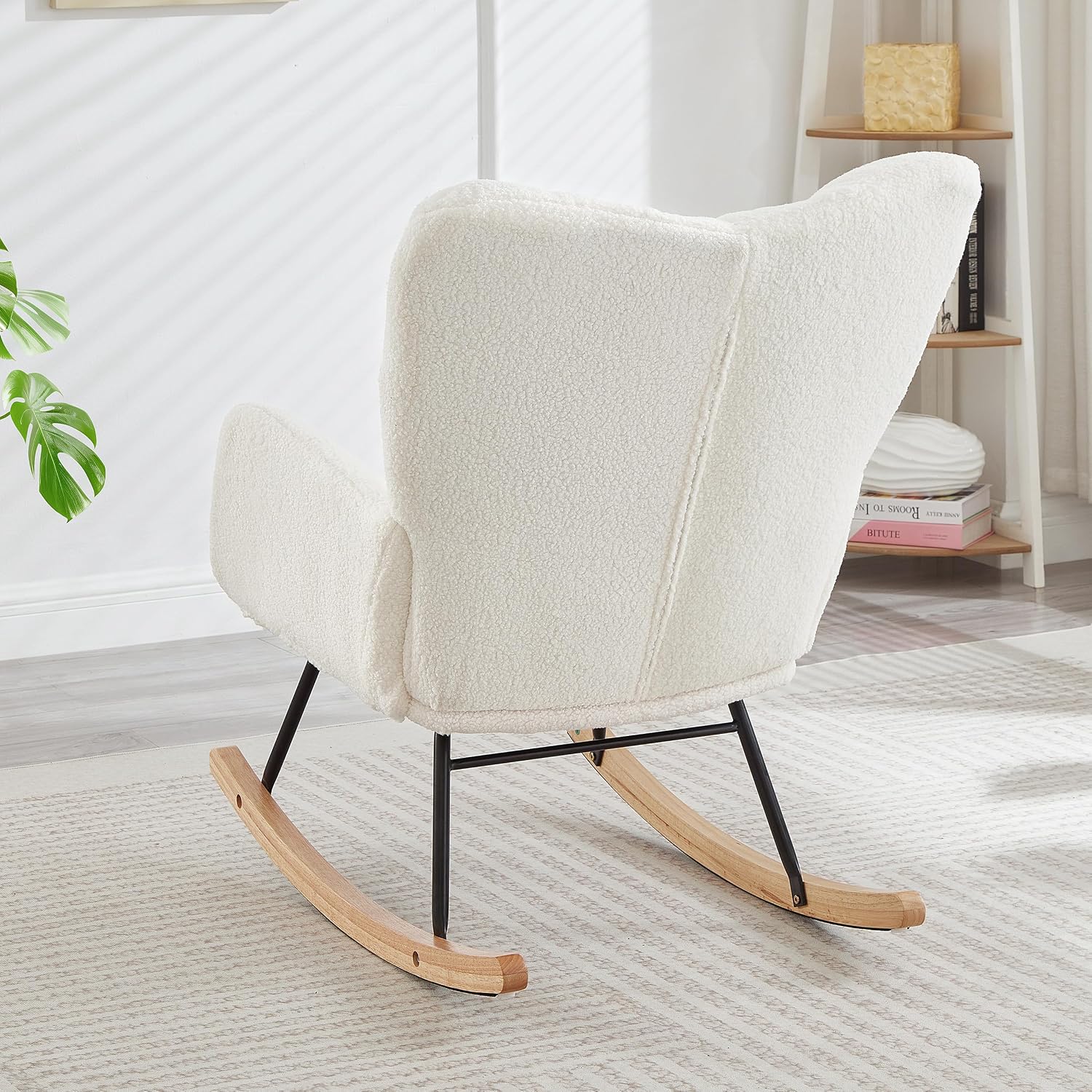 Glider Chair for Living Room & Nursery, Tufted Upholstered Teddy Rocking Chair with High Backrest & Stable Metal Frame, 300lbs Capacity, Comfy Rocker Glider for Adults & Kids, Office & Bedroom(Ivory)