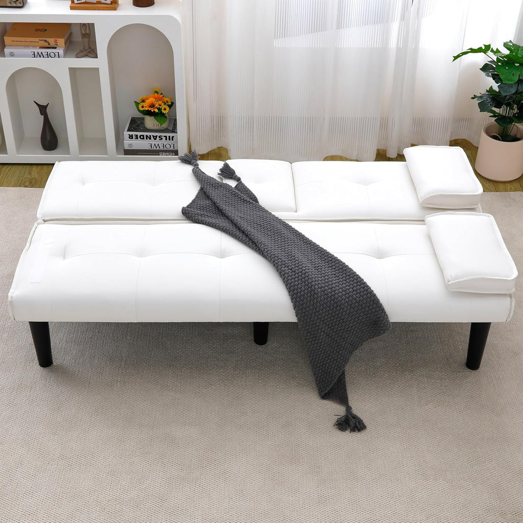 KEIKI 67' Convertible Sofa Bed with Cup Holder, 3 in 1 Futon Sleeper Sofa Chair, PVC Upholstered Sofa for Living Room or Office, White