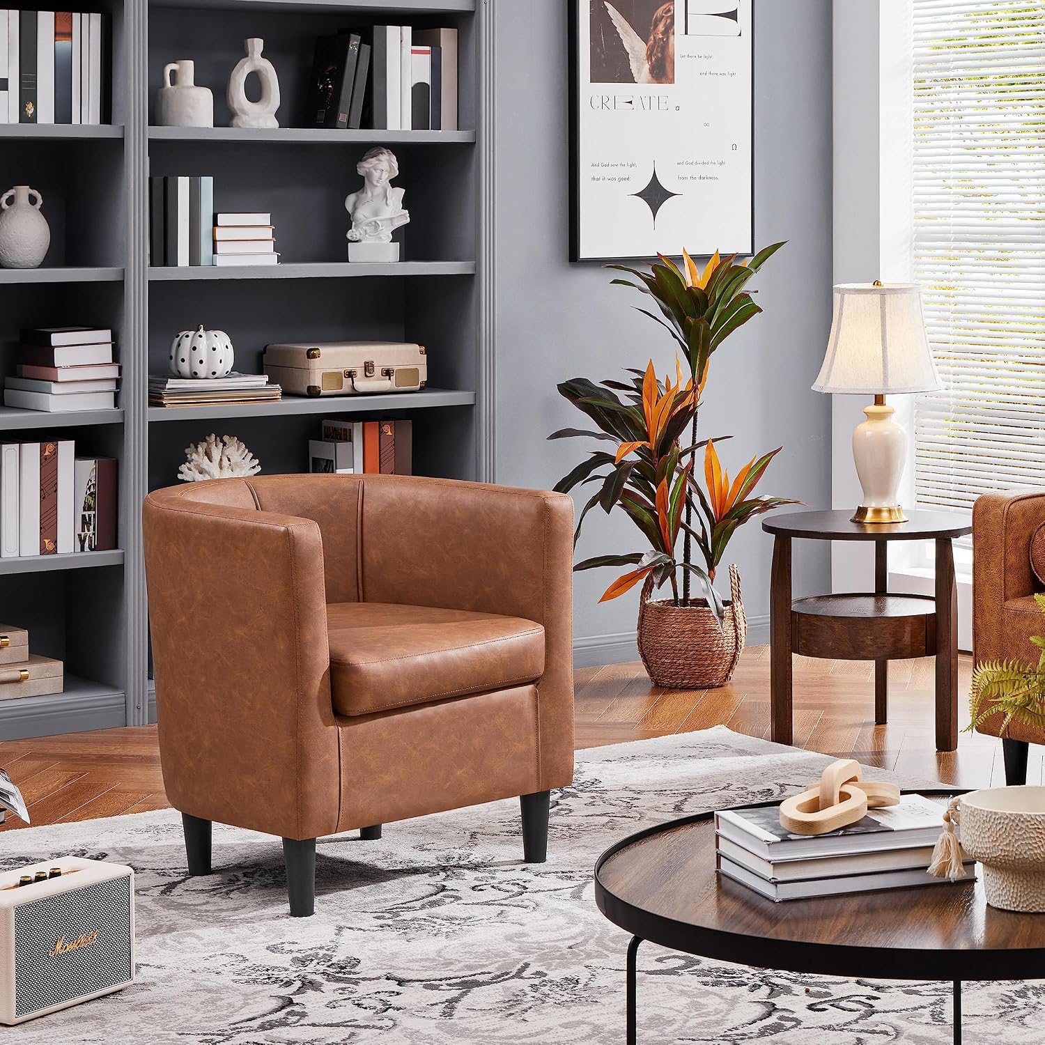 Yaheetech Accent Chair, PU Leather, Modern and Comfortable Armchairs, Upholstered Barrel Sofa Chair for Living Room Bedroom Waiting Room, Brown