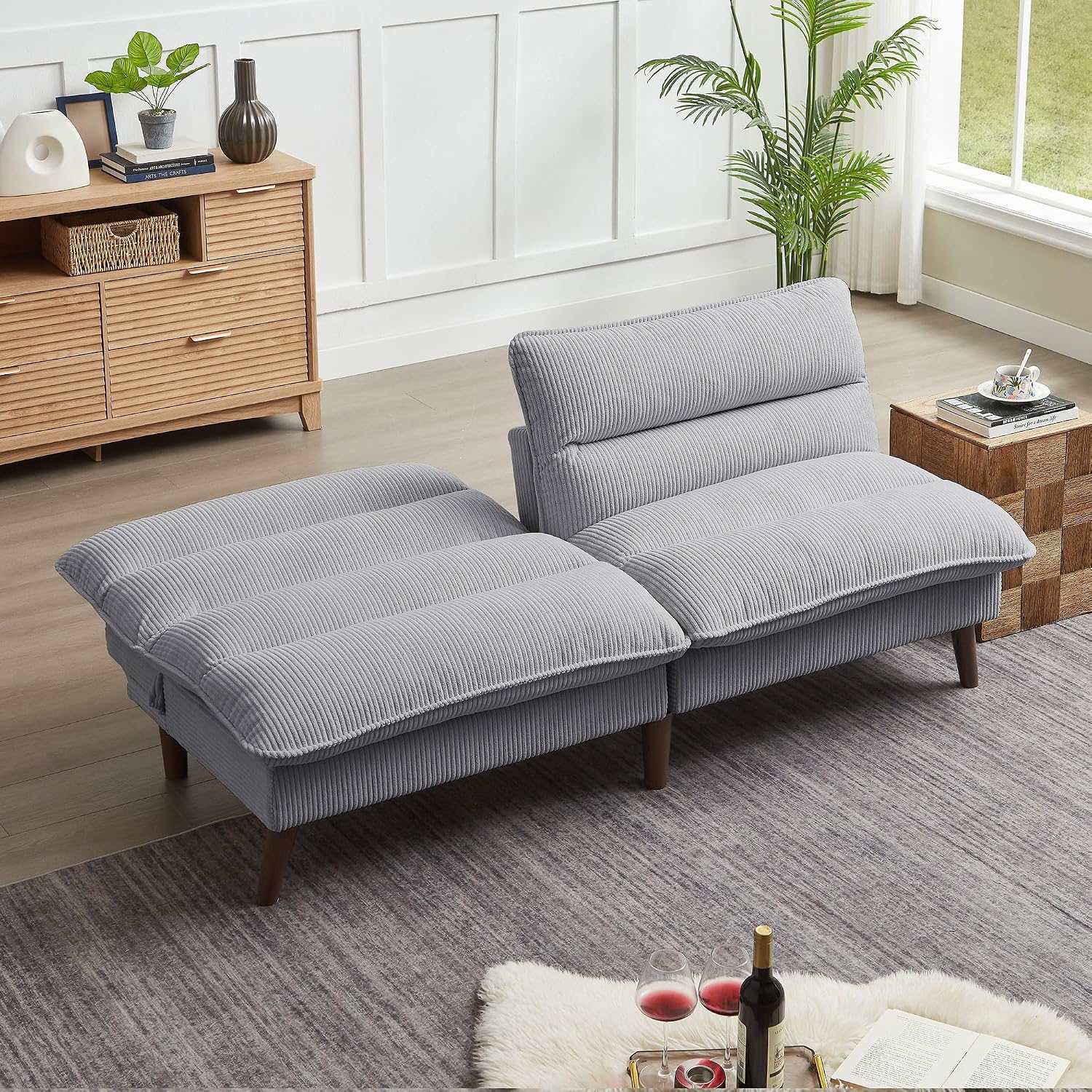 72' Futon Sofa Bed, Futon Couch with Adjustable Backrest, Recliner Small Loveseat for Living Room, Office, Apartment, Corduroy Loveseat, Light Grey