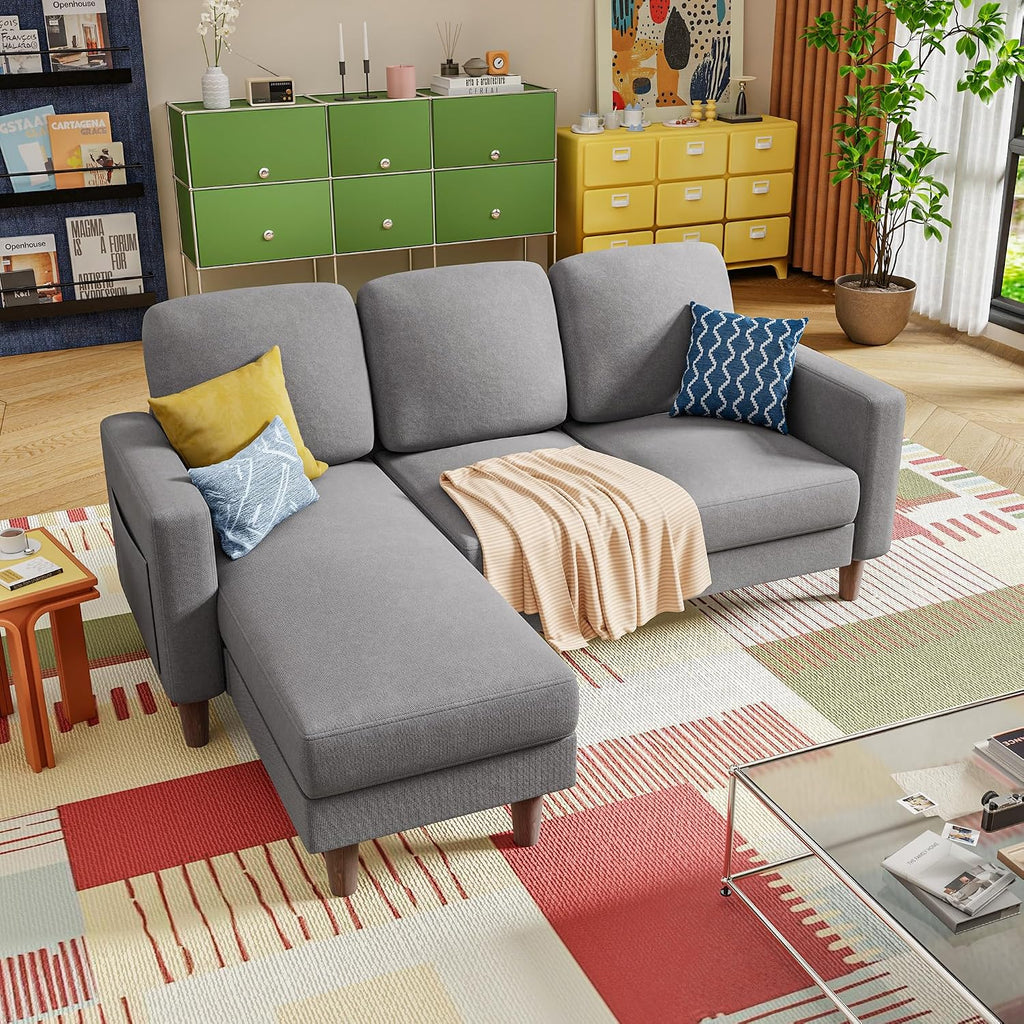 YESHOMY Couches for Living Room, Sofa with Movable Ottoman, Small Couch with Reversible Chaise and Side Pockets, L Shaped Couch for Small Space, Apartment (Linen Fabric, Light Grey)