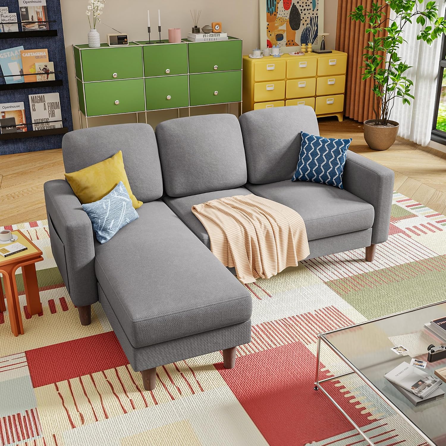YESHOMY Couches for Living Room, Sofa with Movable Ottoman, Small Couch with Reversible Chaise and Side Pockets, L Shaped Couch for Small Space, Apartment (Linen Fabric, Light Grey)