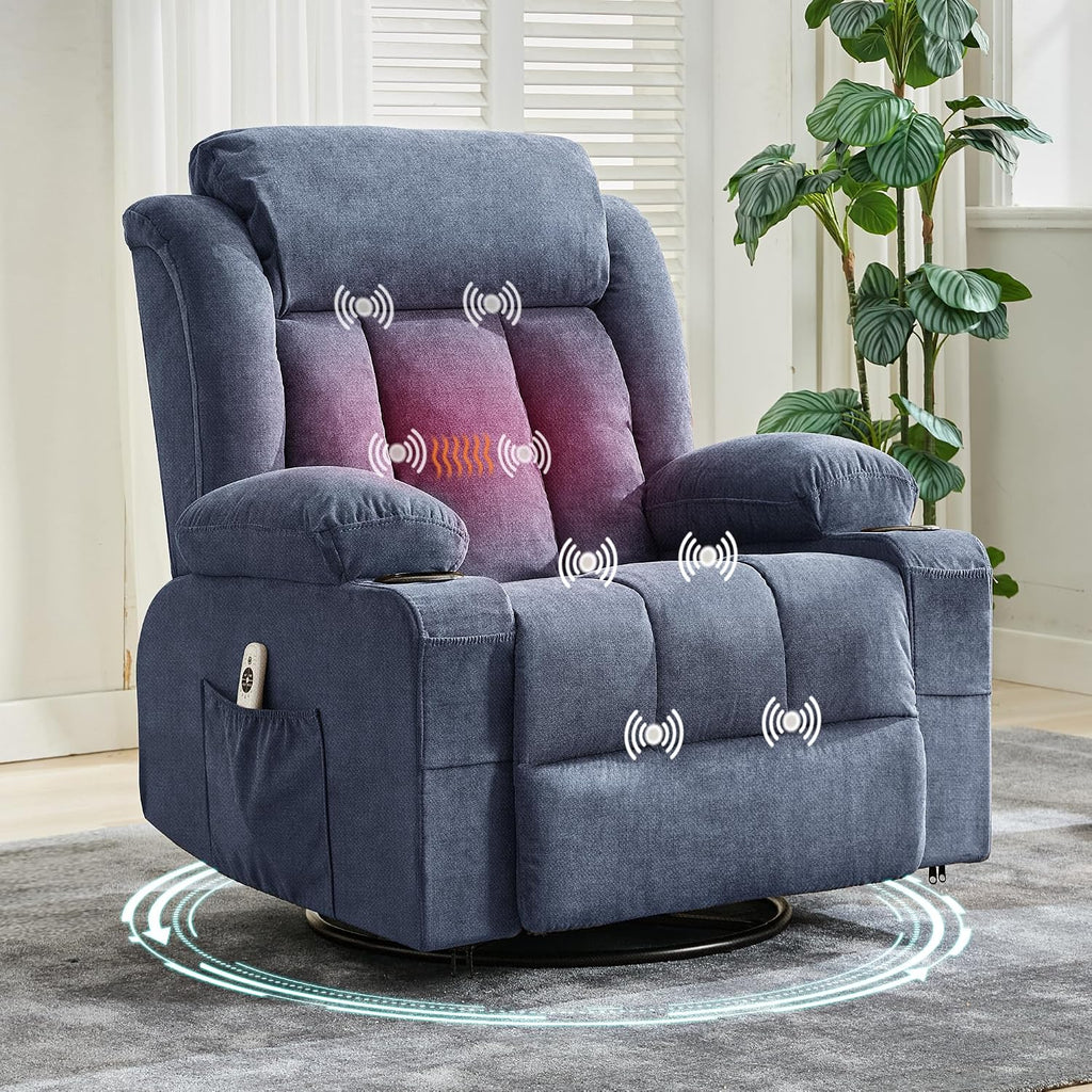 GarveeHome Rocker Swivel Recliner Chair with Heat Massage Large Wide Rocking Lazy Boy Single Sofa Seat with 3 Positions 2 Side Pockets Cup Holders USB Ports Remote Control (Blue)