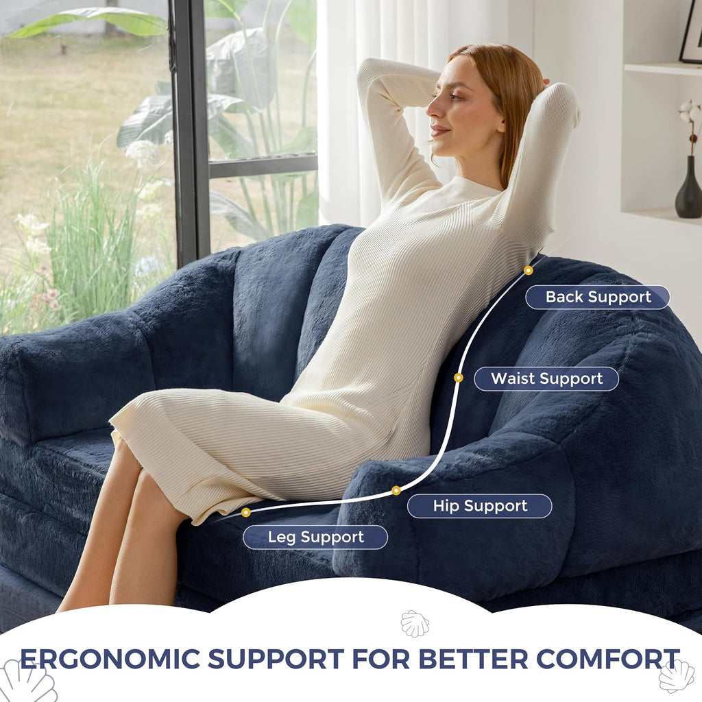 MAXYOYO Folding Sofa Bed, 2 in 1 Convertible Sofa to Lounger Comfy Loveseat Bean Bag Chair for Adults, Floor Sleeper Couch with Handle, Faux Fur Couch Bed for Living Room Bedroom, Navy, Loveseat