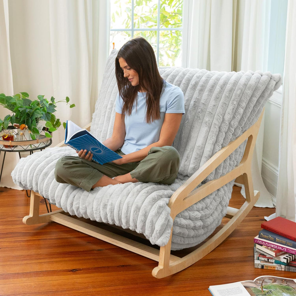 Pillow Saxx Bean Bag Rocking Chair - Elegant Oversized Rocker with Modern Wood Frame, Mondo Fur Grey