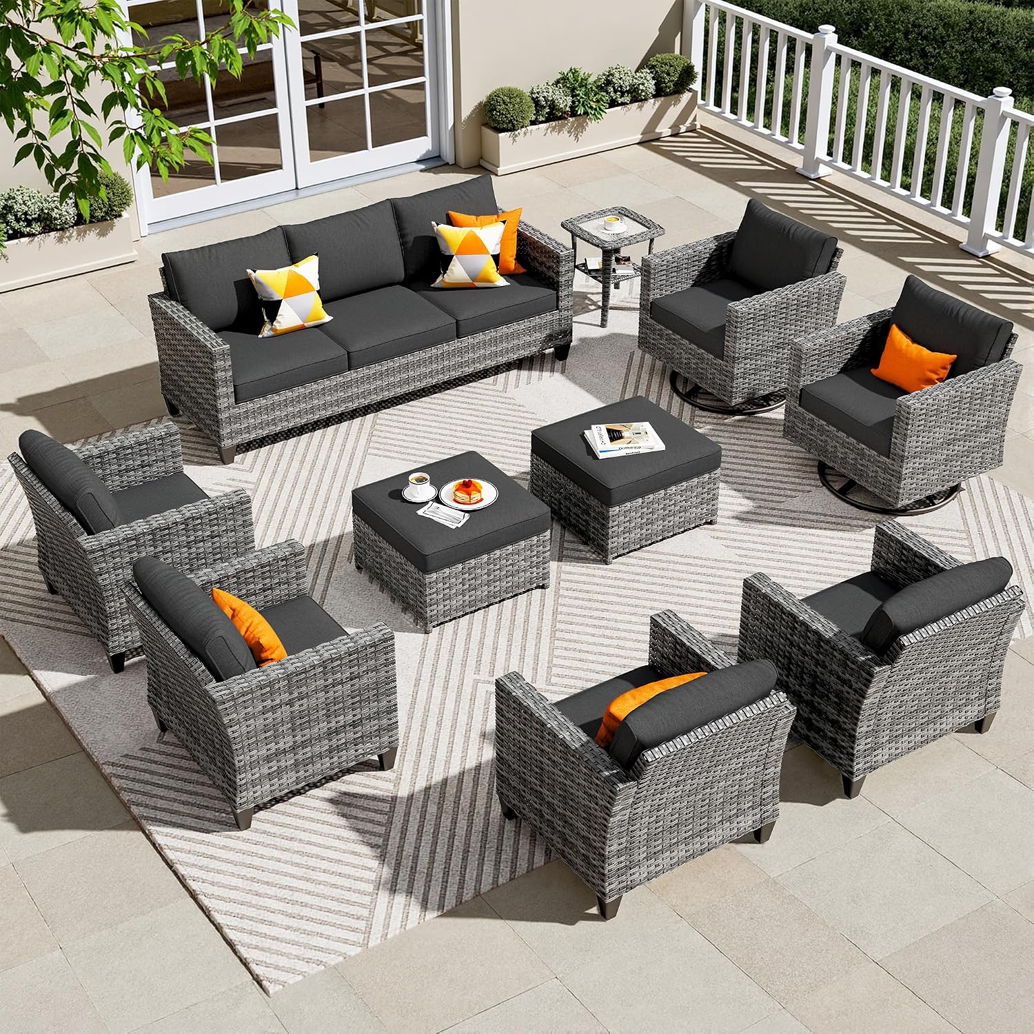 ovios 10 Pieces Patio Furniture Set, Outdoor Wicker Sofa Couch with Swivel Chairs, Rocking Glider Rocker with Comfy Cushions All Weather Rattan Conversation Set, Black