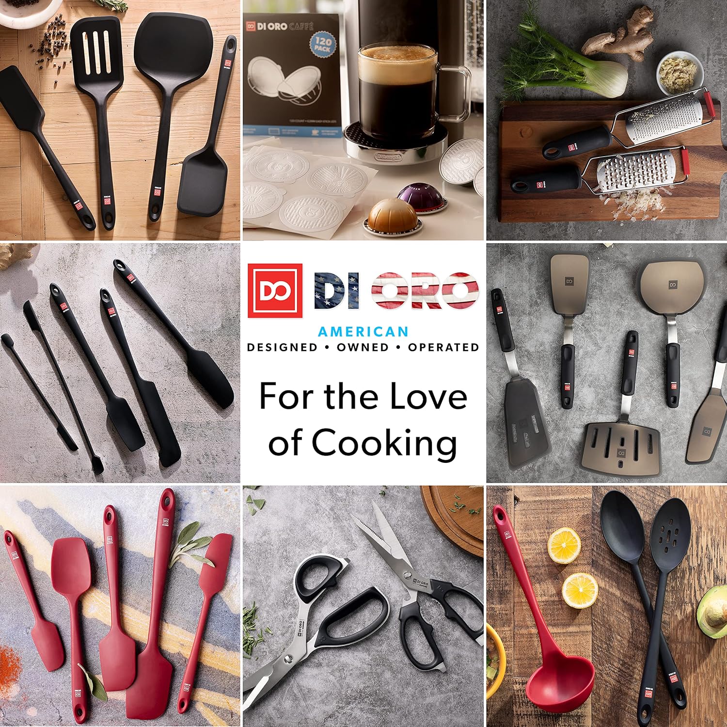 DI ORO 11-Piece Silicone Kitchen Set - 600°F Nonstick Heat-Resistant Utensils - 3 Turners, 5 Seamless Spatulas, 2 Spoons, 1 Ladle - Tools for Cooking & Baking - Dishwasher Safe, Easy to Clean (Black)