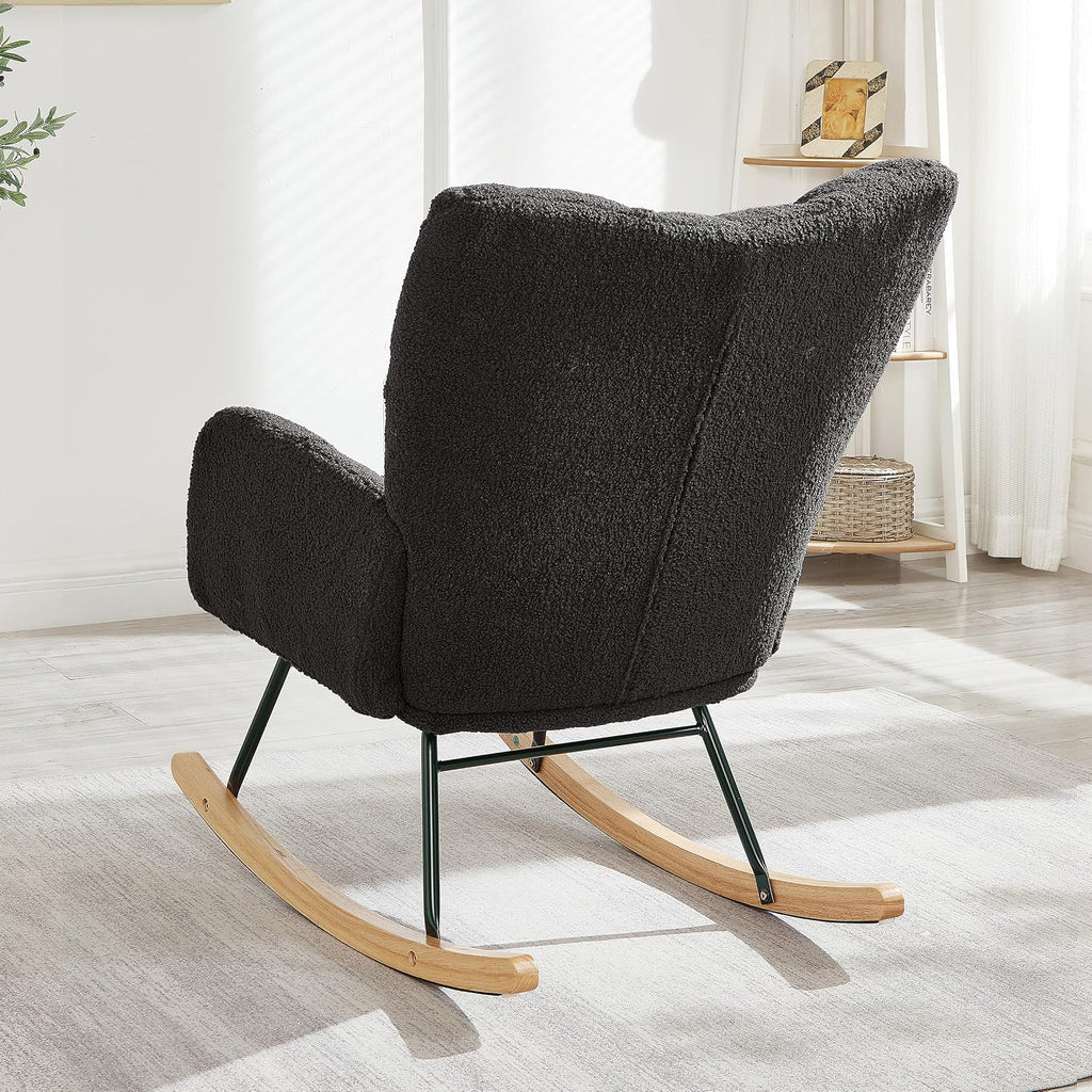 Glider Chair for Living Room & Nursery, Tufted Upholstered Teddy Rocking Chair with High Backrest & Stable Metal Frame, 300lbs Capacity, Comfy Rocker Glider for Adults & Kids, Office & Bedroom(Gray)