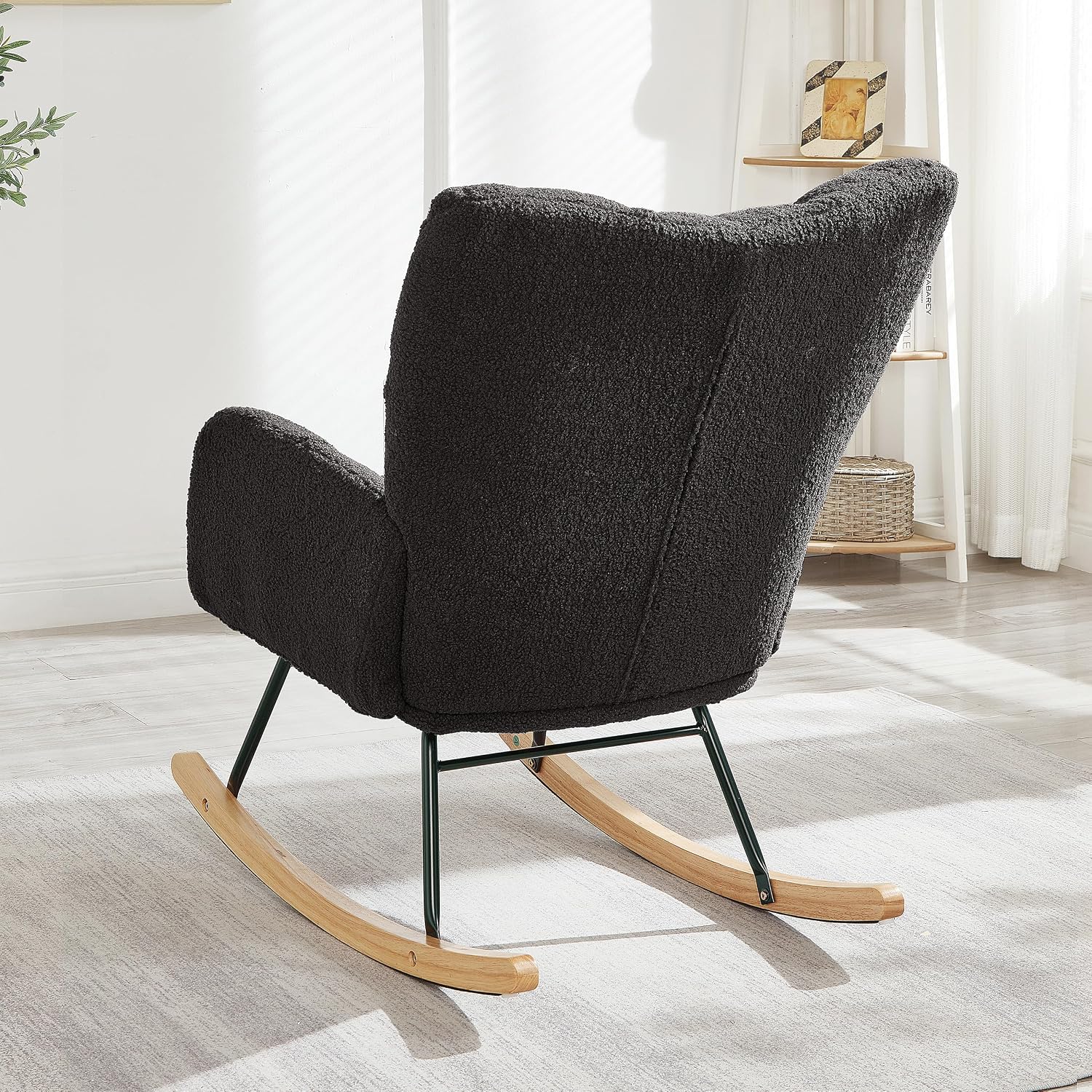 Glider Chair for Living Room & Nursery, Tufted Upholstered Teddy Rocking Chair with High Backrest & Stable Metal Frame, 300lbs Capacity, Comfy Rocker Glider for Adults & Kids, Office & Bedroom(Gray)