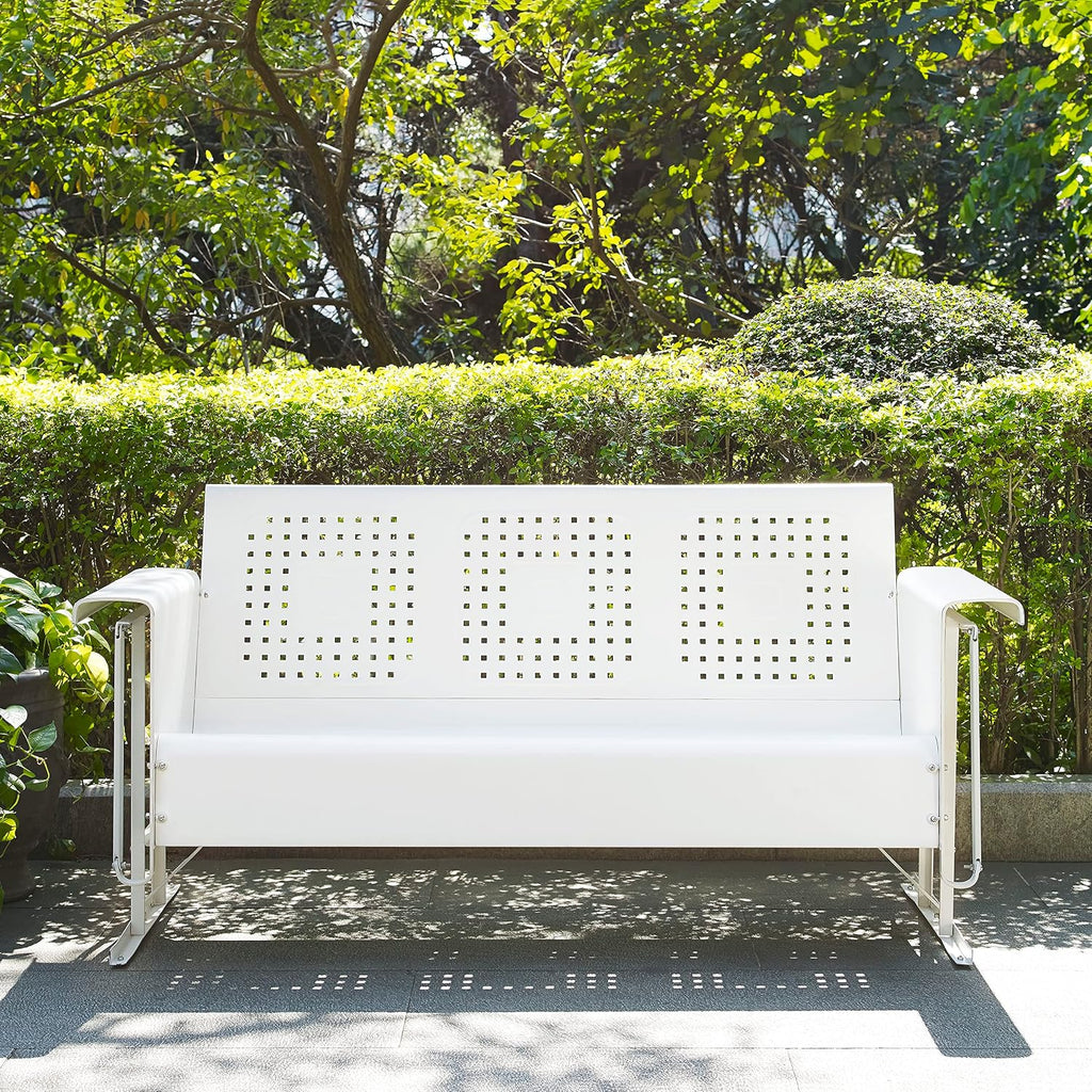 Crosley Furniture Bates Retro Metal Outdoor Sofa Glider, 3-Person Rocking Patio Bench for Porch, Deck, White Gloss