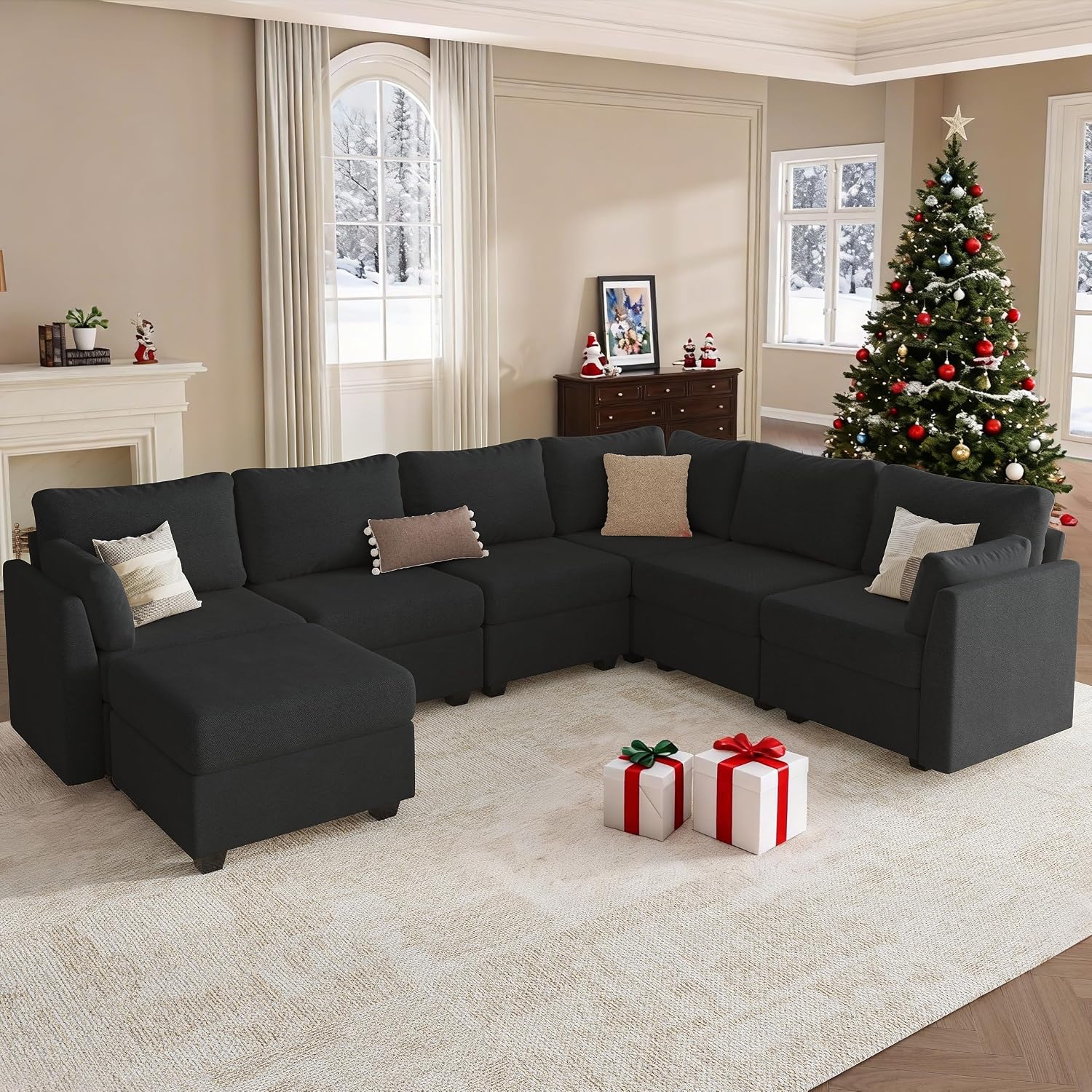 Modular Sectional Sofa Couches, Large Convertible Modular Couches with Storage, 7-Seater Sectional Sofa for Living Room, U Shaped Sectional Couch Sleeper Sofa with Chaise (Black, 7 Seats)