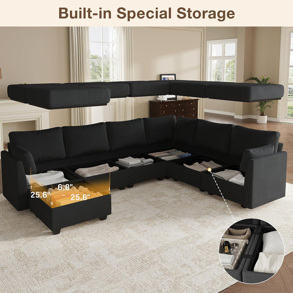 Modular Sectional Sofa Couches, Large Convertible Modular Couches with Storage, 7-Seater Sectional Sofa for Living Room, U Shaped Sectional Couch Sleeper Sofa with Chaise (Black, 7 Seats)