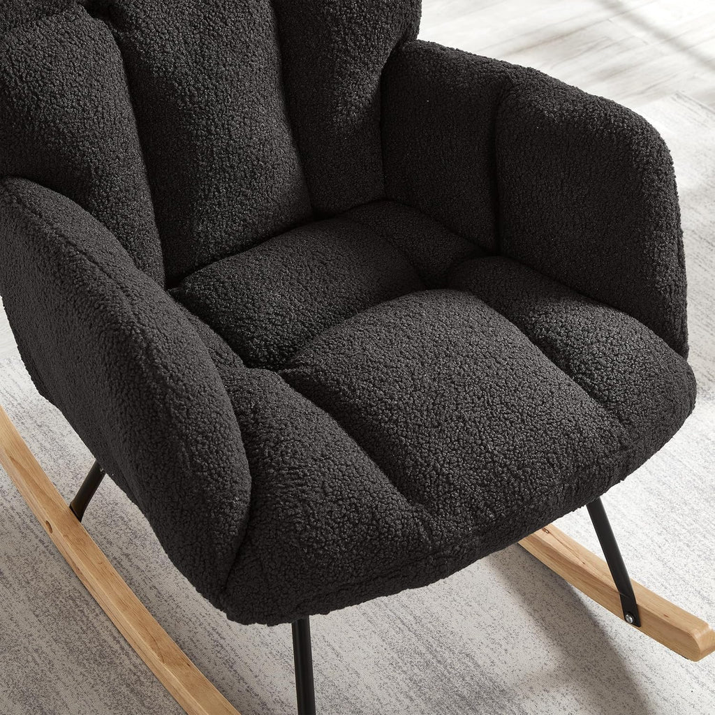 Glider Chair for Living Room & Nursery, Tufted Upholstered Teddy Rocking Chair with High Backrest & Stable Metal Frame, 300lbs Capacity, Comfy Rocker Glider for Adults & Kids, Office & Bedroom(Gray)