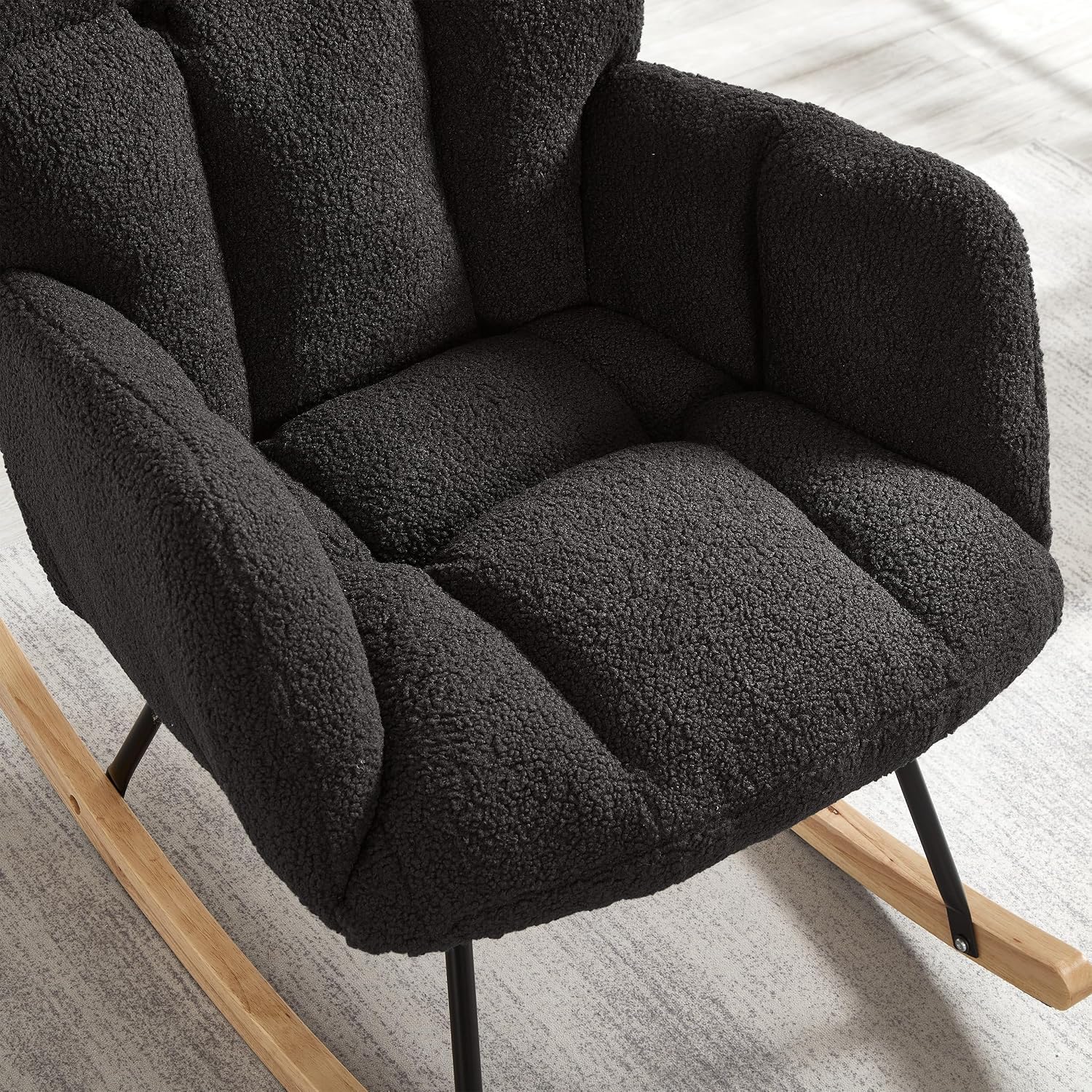 Glider Chair for Living Room & Nursery, Tufted Upholstered Teddy Rocking Chair with High Backrest & Stable Metal Frame, 300lbs Capacity, Comfy Rocker Glider for Adults & Kids, Office & Bedroom(Gray)