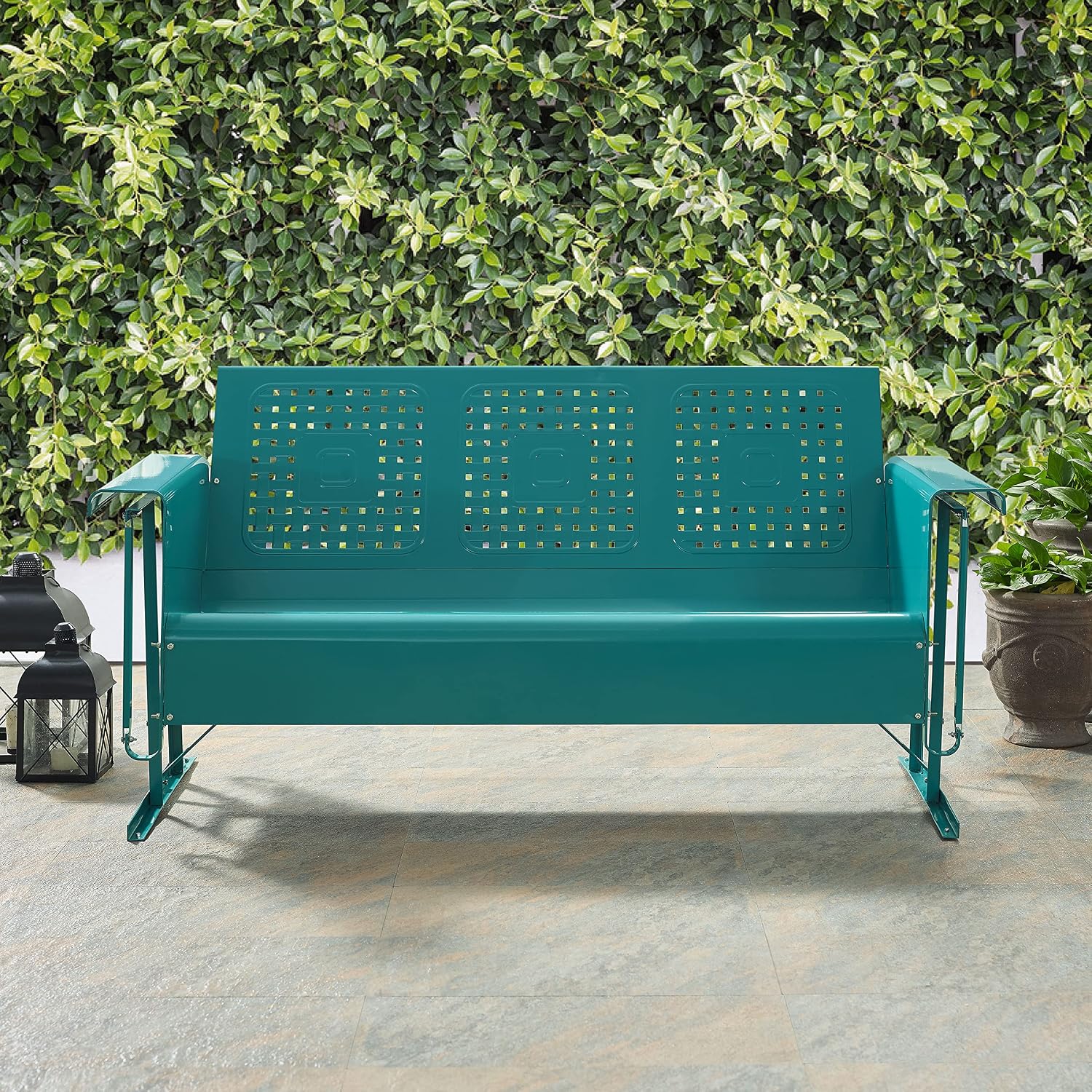 Crosley Furniture Bates Retro Metal Outdoor Sofa Glider, 3-Person Rocking Patio Bench for Porch, Deck, Turquoise Gloss