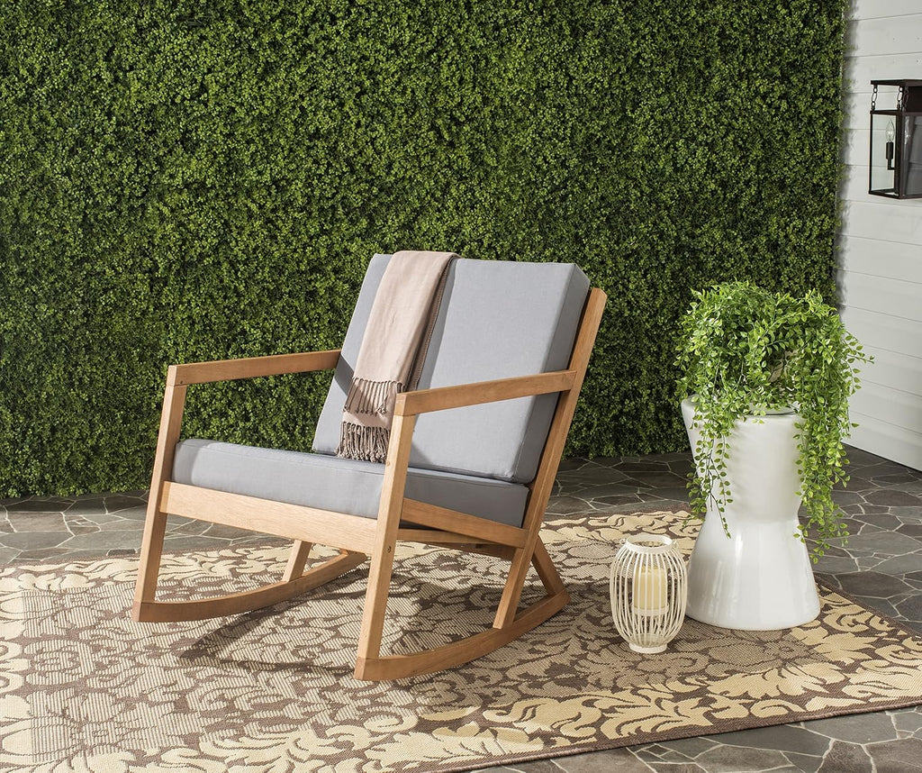 SAFAVIEH Outdoor - Vernon Rocking Chair - Natural & Grey - Solid Wood with Cushion - Shaker-Inspired Slatted Design - Ideal for Patio, Deck, Porch, Backyard, 24.6' Seat Height (PAT7013D)