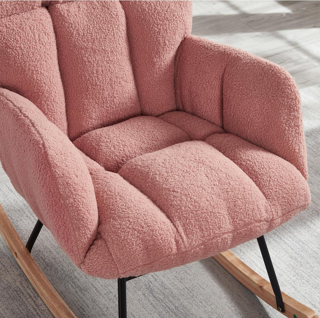 Glider Chair for Living Room & Nursery, Tufted Upholstered Teddy Rocking Chair with High Backrest & Stable Metal Frame, 300lbs Capacity, Comfy Rocker Glider for Adults & Kids, Office & Bedroom(Pink)