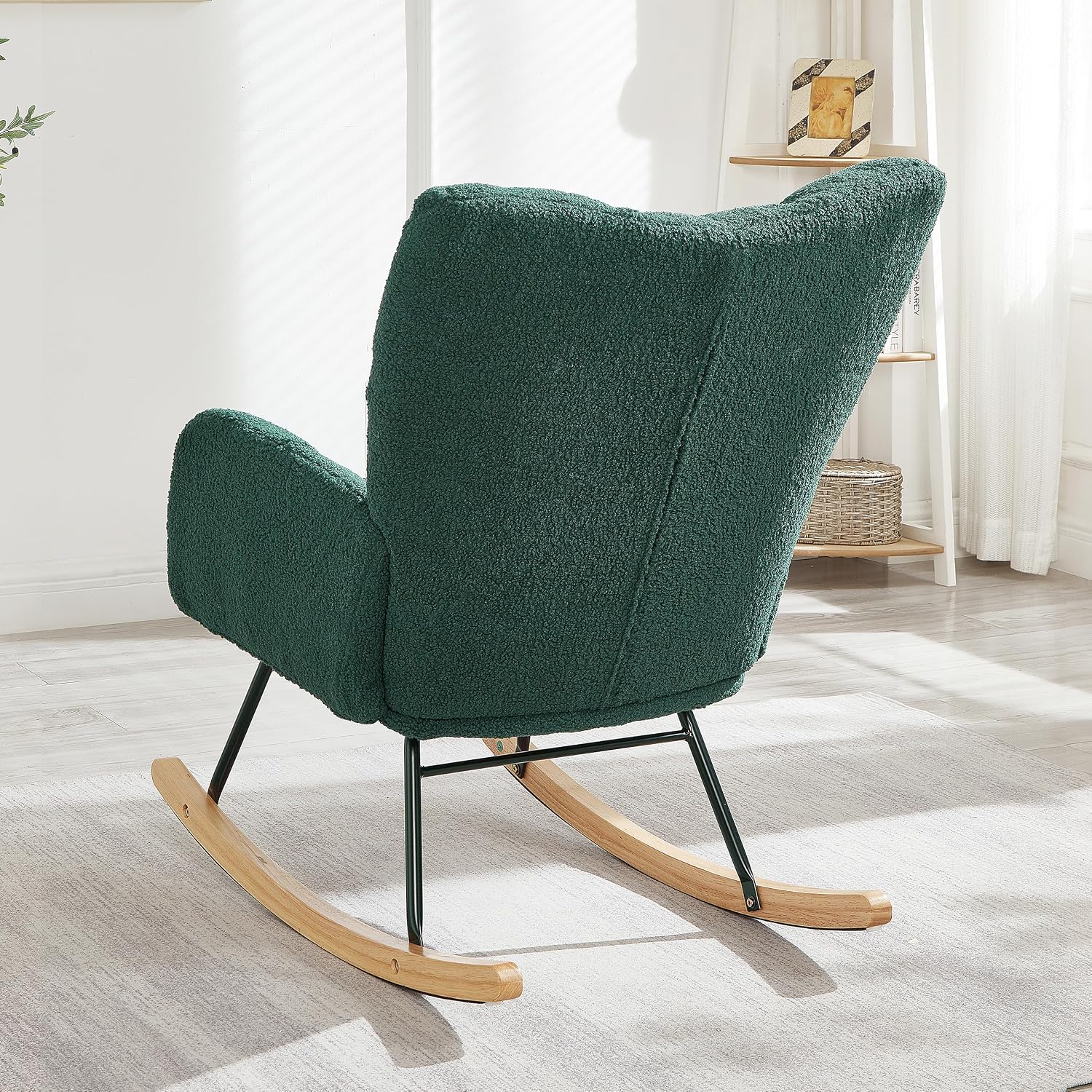 Glider Chair for Living Room & Nursery, Tufted Upholstered Teddy Rocking Chair with High Backrest & Stable Metal Frame, 300lbs Capacity, Comfy Rocker Glider for Adults & Kids, Office & Bedroom(Green)