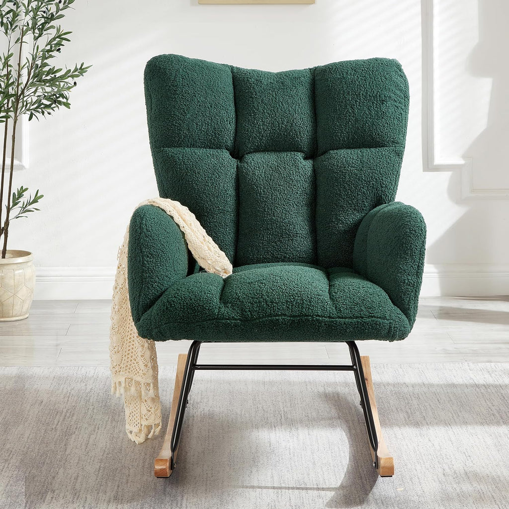 Glider Chair for Living Room & Nursery, Tufted Upholstered Teddy Rocking Chair with High Backrest & Stable Metal Frame, 300lbs Capacity, Comfy Rocker Glider for Adults & Kids, Office & Bedroom(Green)