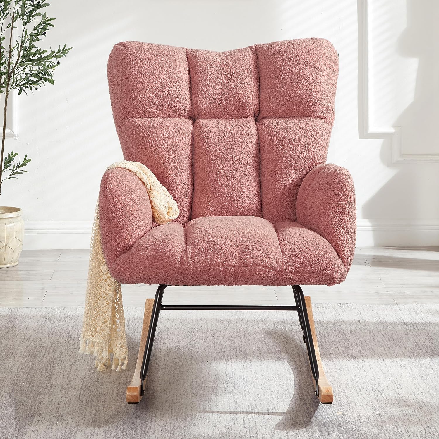 Glider Chair for Living Room & Nursery, Tufted Upholstered Teddy Rocking Chair with High Backrest & Stable Metal Frame, 300lbs Capacity, Comfy Rocker Glider for Adults & Kids, Office & Bedroom(Pink)