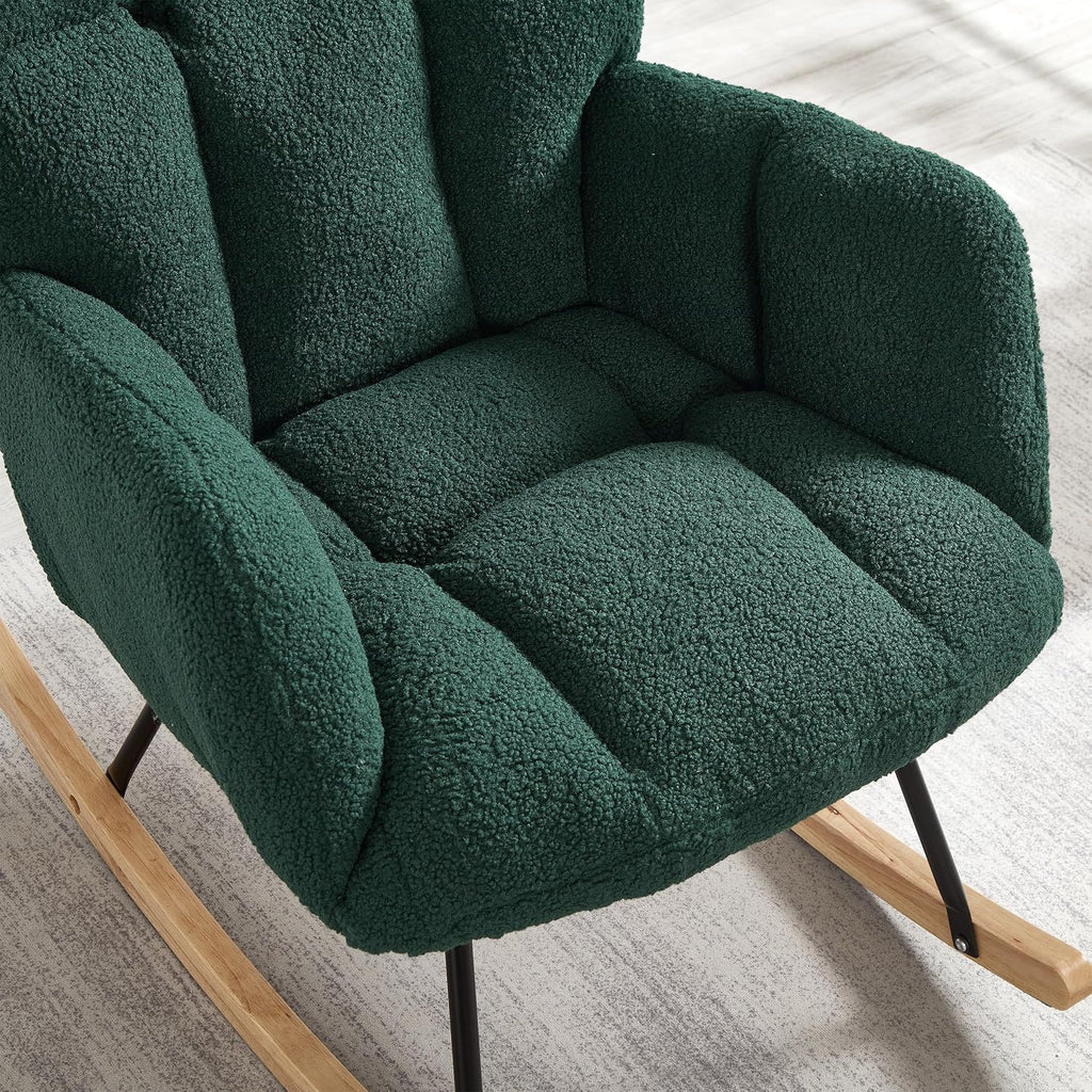 Glider Chair for Living Room & Nursery, Tufted Upholstered Teddy Rocking Chair with High Backrest & Stable Metal Frame, 300lbs Capacity, Comfy Rocker Glider for Adults & Kids, Office & Bedroom(Green)