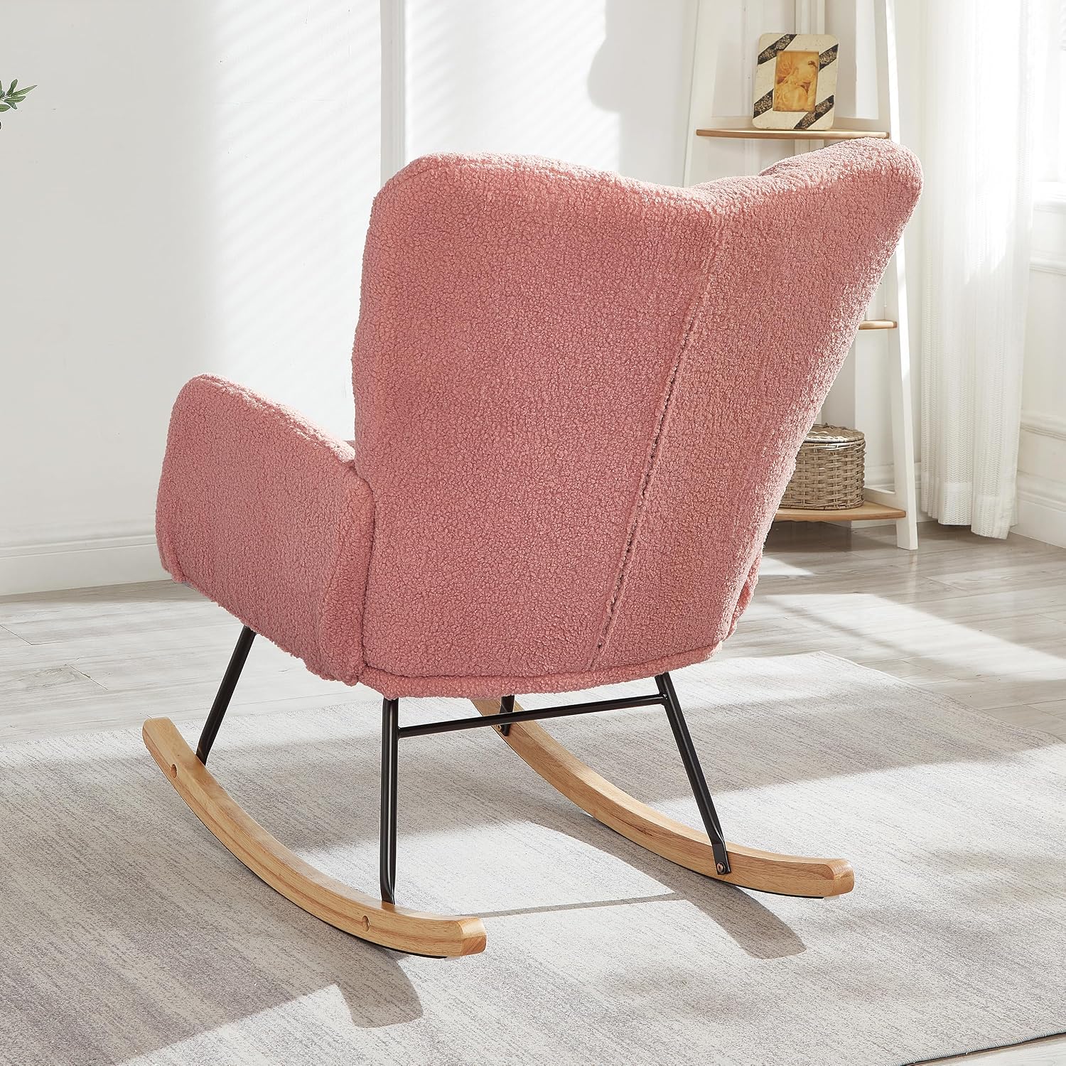Glider Chair for Living Room & Nursery, Tufted Upholstered Teddy Rocking Chair with High Backrest & Stable Metal Frame, 300lbs Capacity, Comfy Rocker Glider for Adults & Kids, Office & Bedroom(Pink)