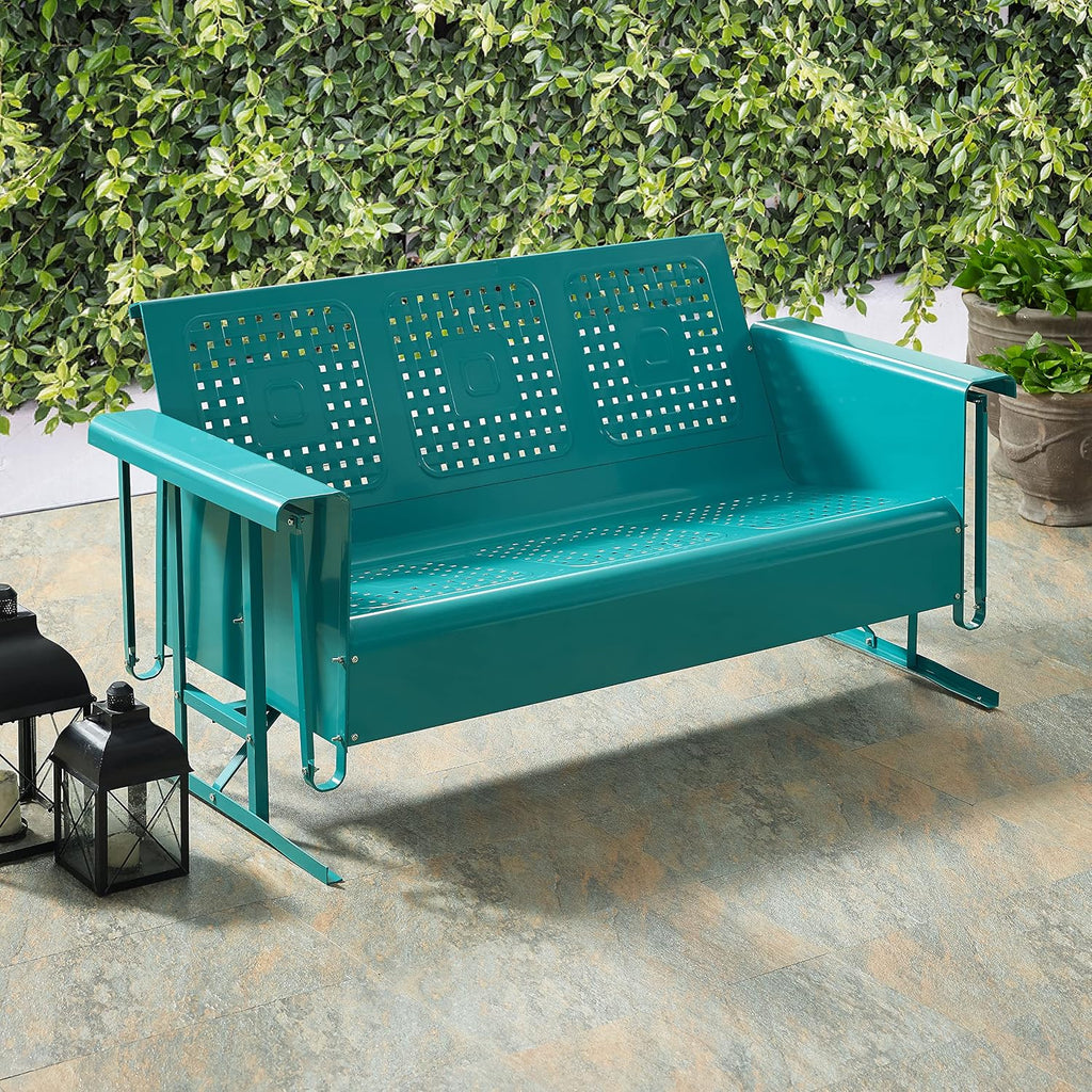 Crosley Furniture Bates Retro Metal Outdoor Sofa Glider, 3-Person Rocking Patio Bench for Porch, Deck, Turquoise Gloss