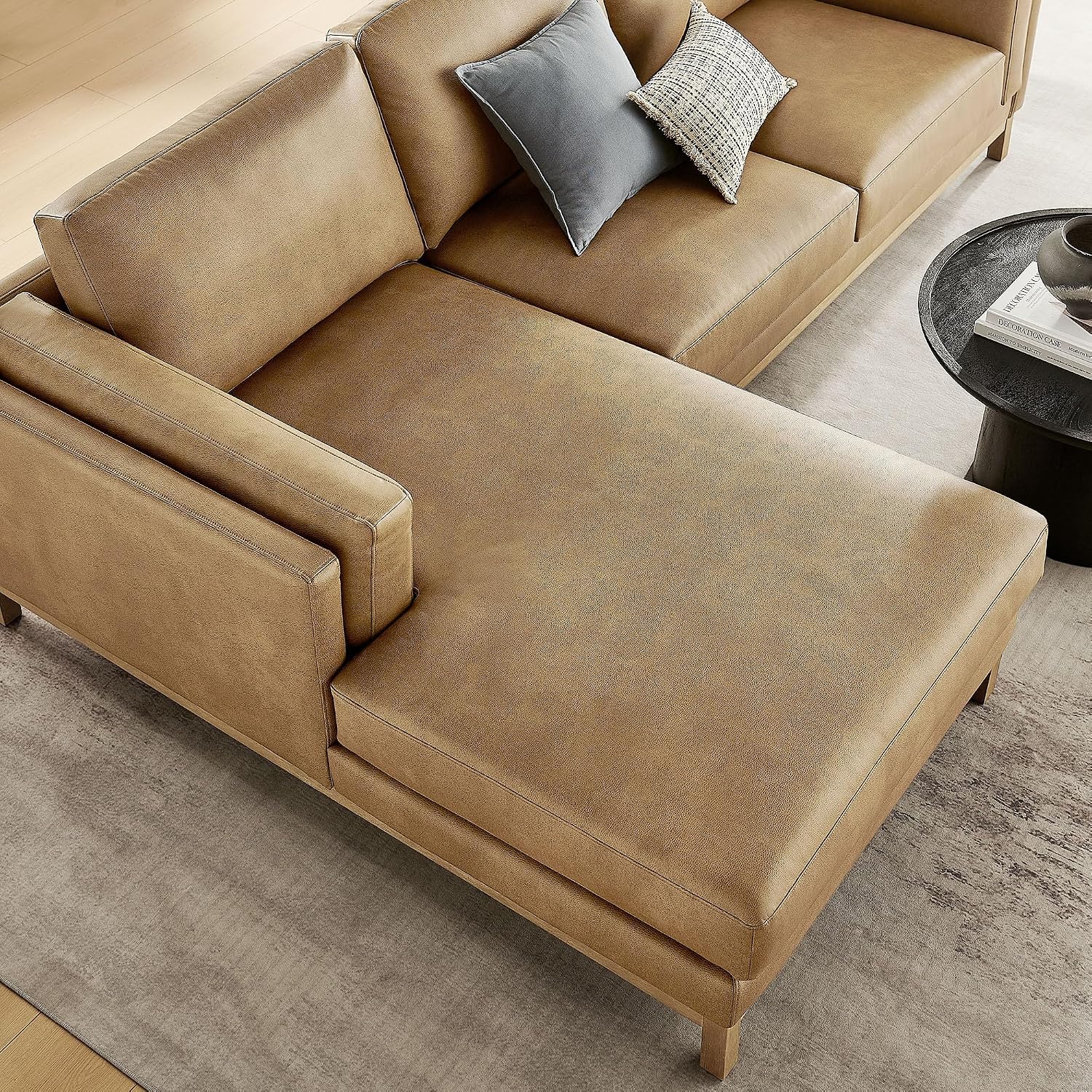Modway Roscoe Left-Facing Sectional Sofa with Chaise in Toast - 2-Piece Faux Leather Upholstered Deep Seat Couch, L Shaped Modular for Living Room or Lounge